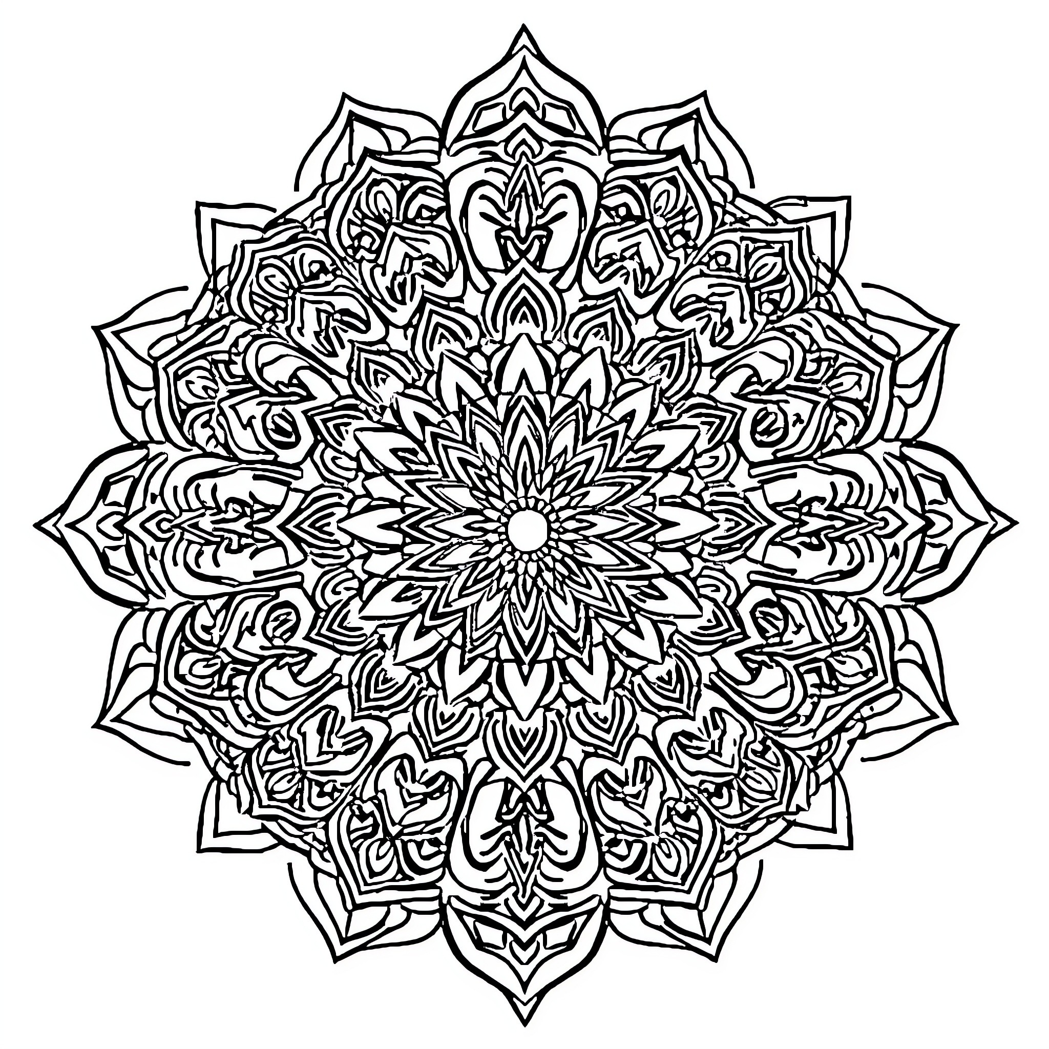 Mandalas of intricate floral patterns Coloring Page (free black-and-white line drawing printable PDF for all, from beginners to advanced learners, including children, teens, adults, and seniors)
