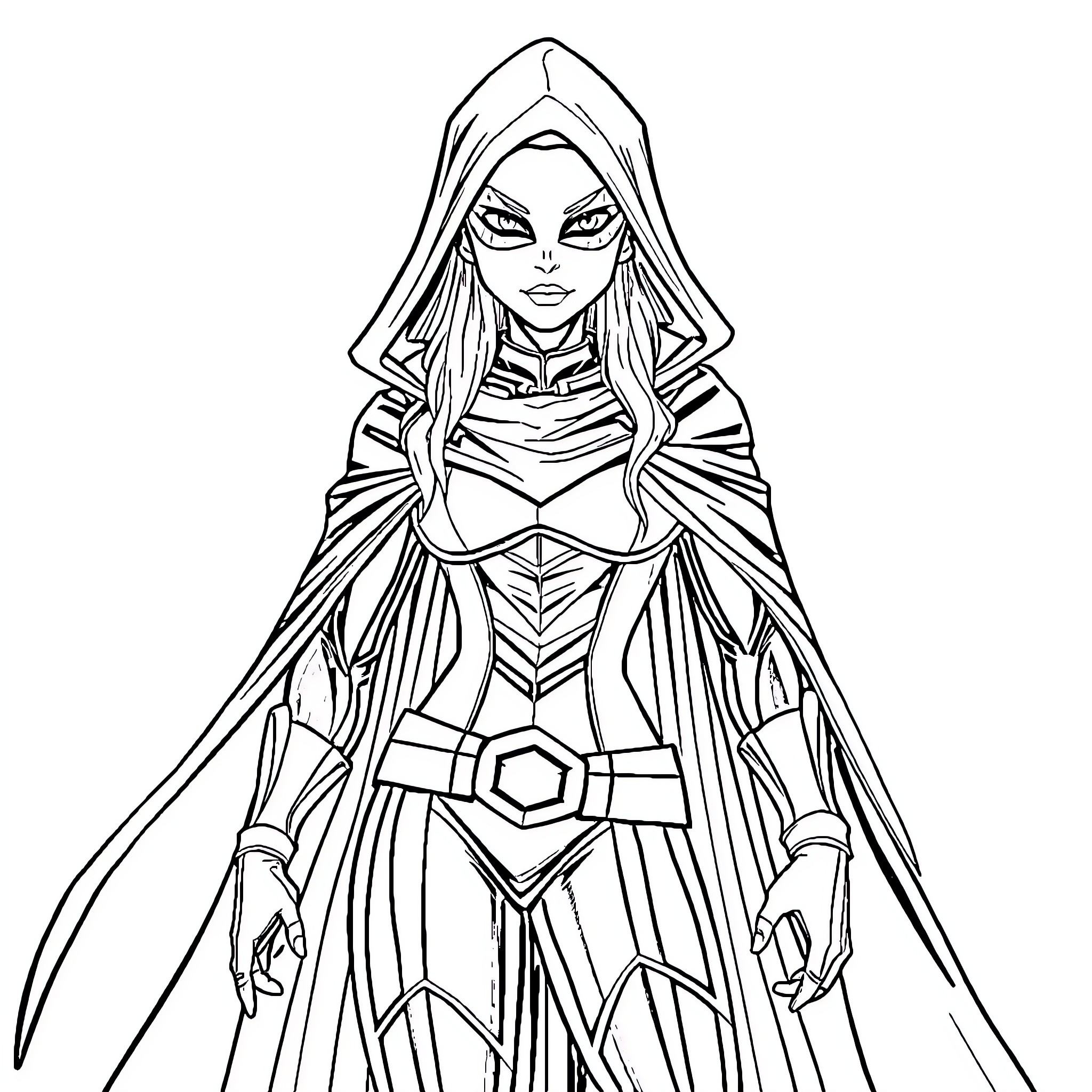 Raven warrior in intricate hooded attire Coloring Page (free black-and-white line drawing printable PDF for all, from beginners to advanced learners, including children, teens, adults, and seniors)