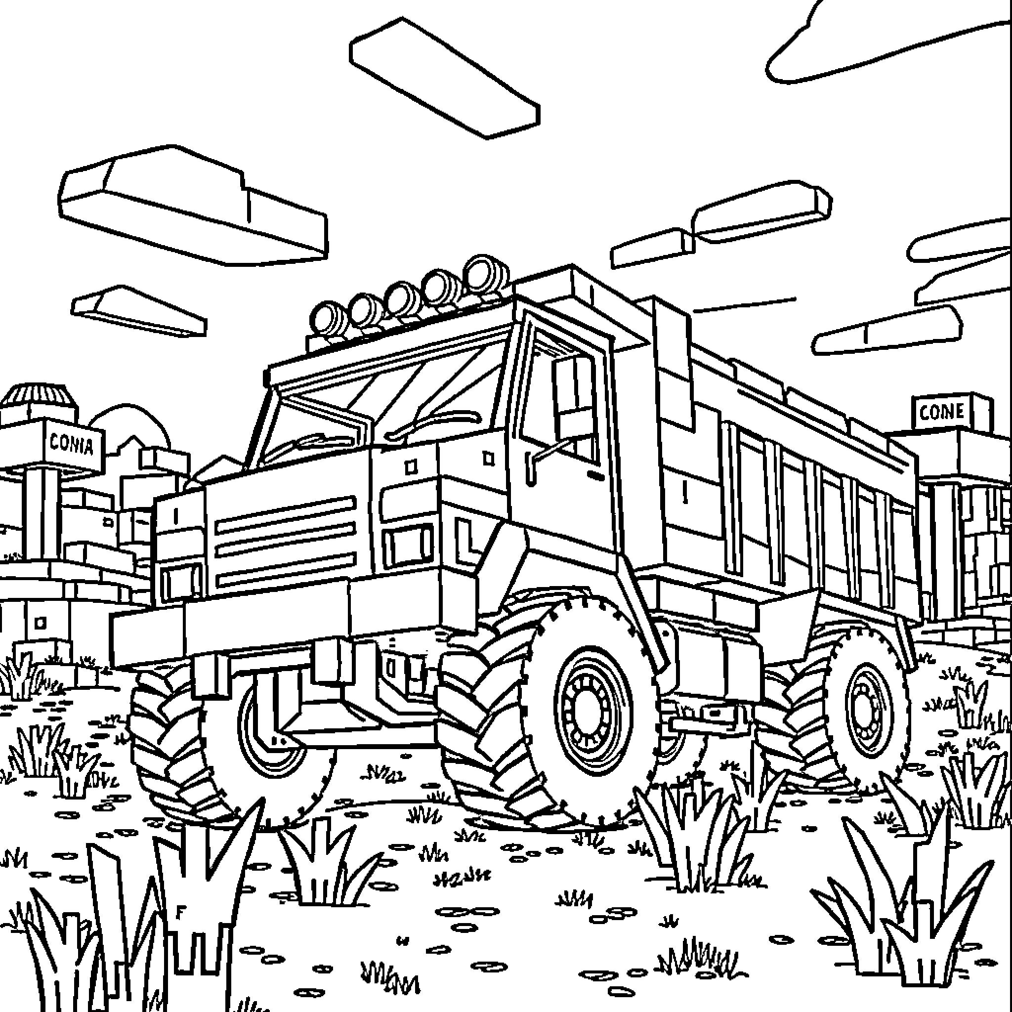 Truck Transporting Supplies Through Rural Landscape Coloring Page (free black-and-white line drawing printable PDF for all, from beginners to advanced learners, including children, teens, adults, and seniors)