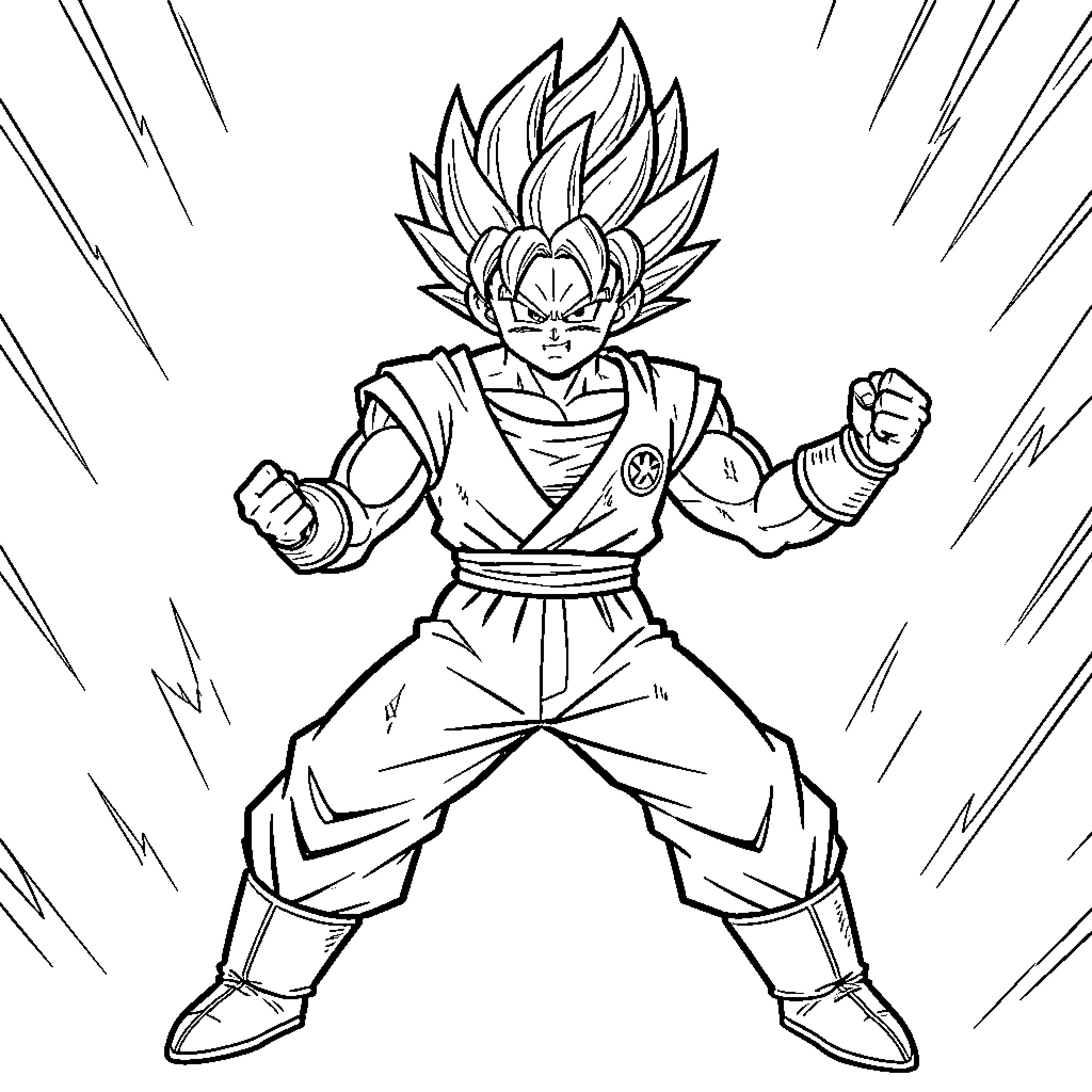 Goku standing in a powerful combat stance Coloring Page (free black-and-white line drawing printable PDF for all, from beginners to advanced learners, including children, teens, adults, and seniors)