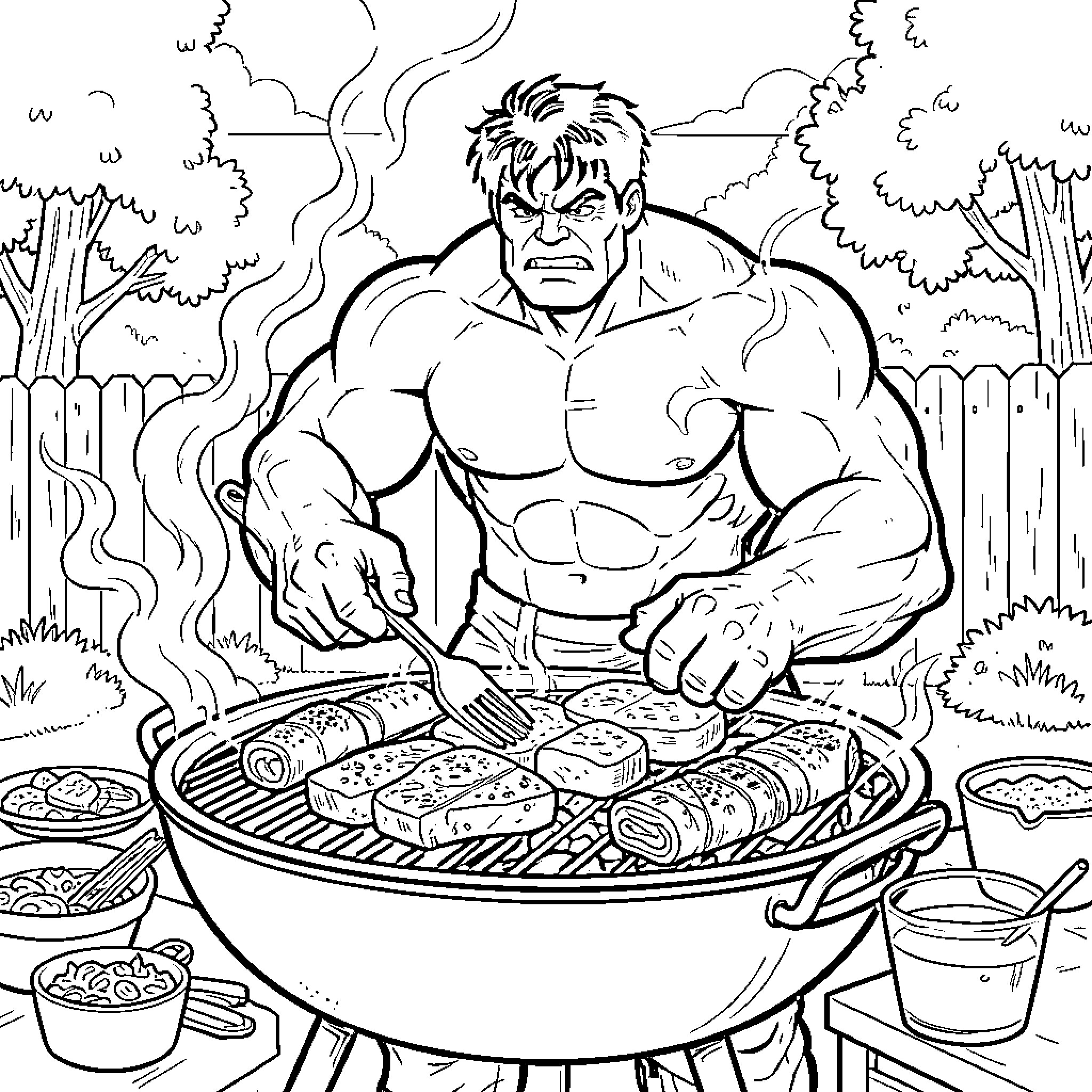 Hulk's Outdoor Barbecue Adventure Coloring Page (free black-and-white line drawing printable PDF for all, from beginners to advanced learners, including children, teens, adults, and seniors)