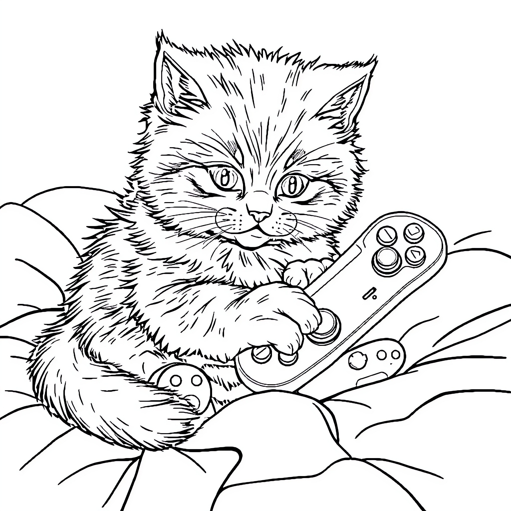 Kitty playing with video game controller Coloring Page (free black-and-white line drawing printable PDF for all, from beginners to advanced learners, including children, teens, adults, and seniors)