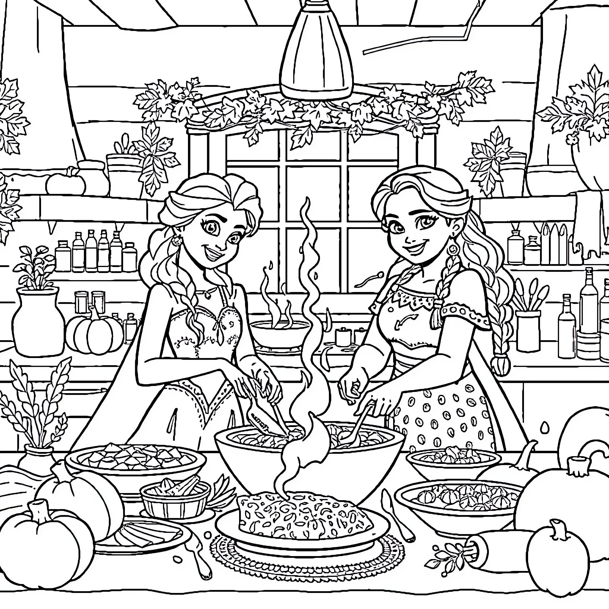 Elsa and Anna Enjoying a Cozy Autumn Gathering Coloring Page (free black-and-white line drawing printable PDF for all, from beginners to advanced learners, including children, teens, adults, and seniors)