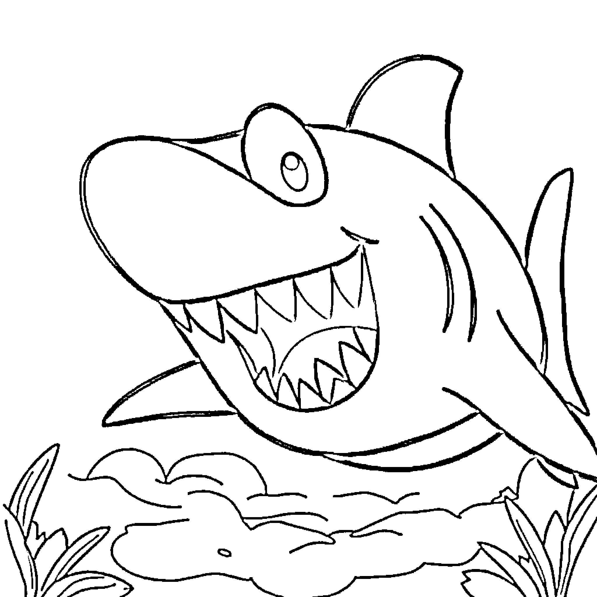 Jeff the Ferocious Shark in the Ocean Coloring Page (free black-and-white line drawing printable PDF for all, from beginners to advanced learners, including children, teens, adults, and seniors)