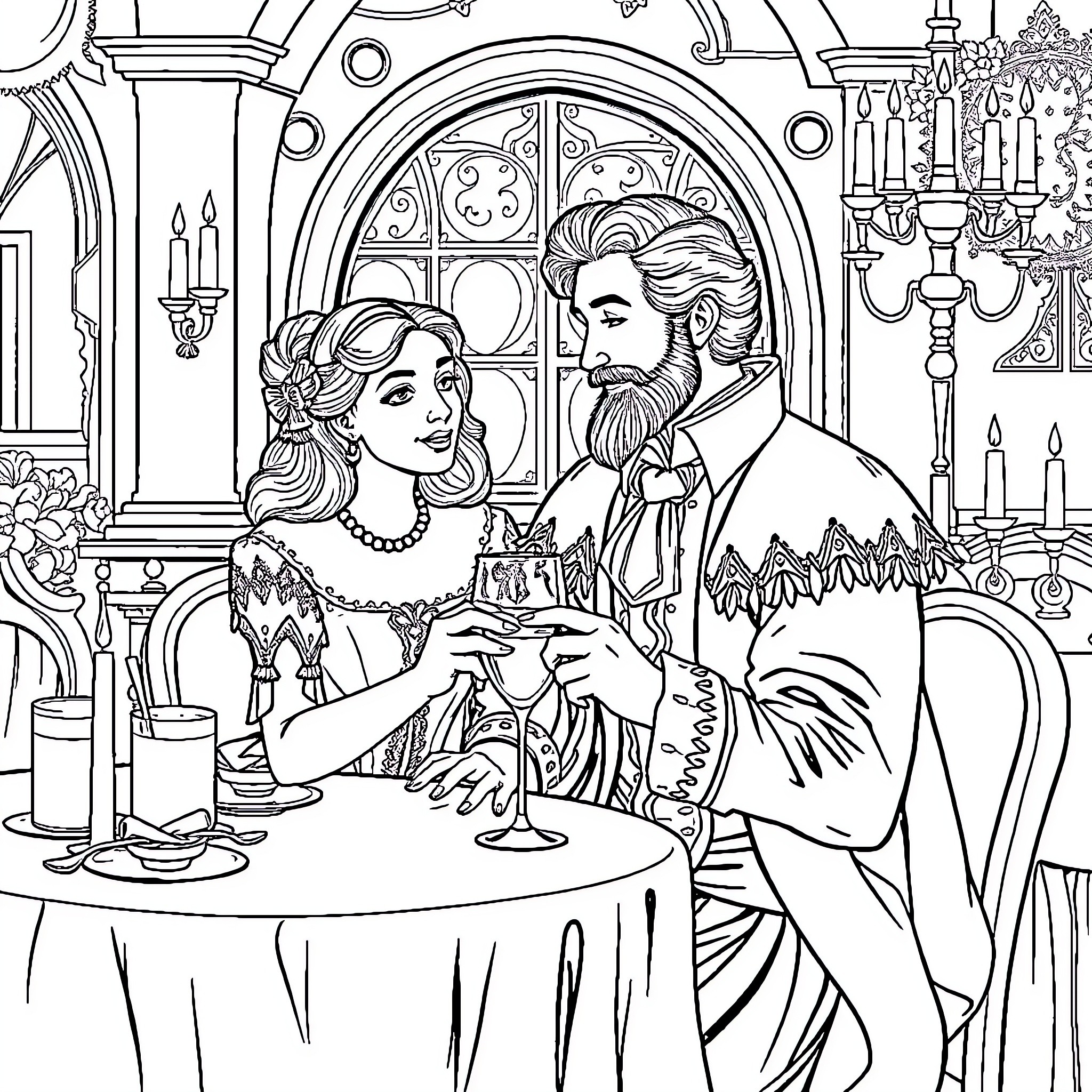 Niklaus Mikaelson enjoying a romantic dinner with a companion Coloring Page (free black-and-white line drawing printable PDF for all, from beginners to advanced learners, including children, teens, adults, and seniors)