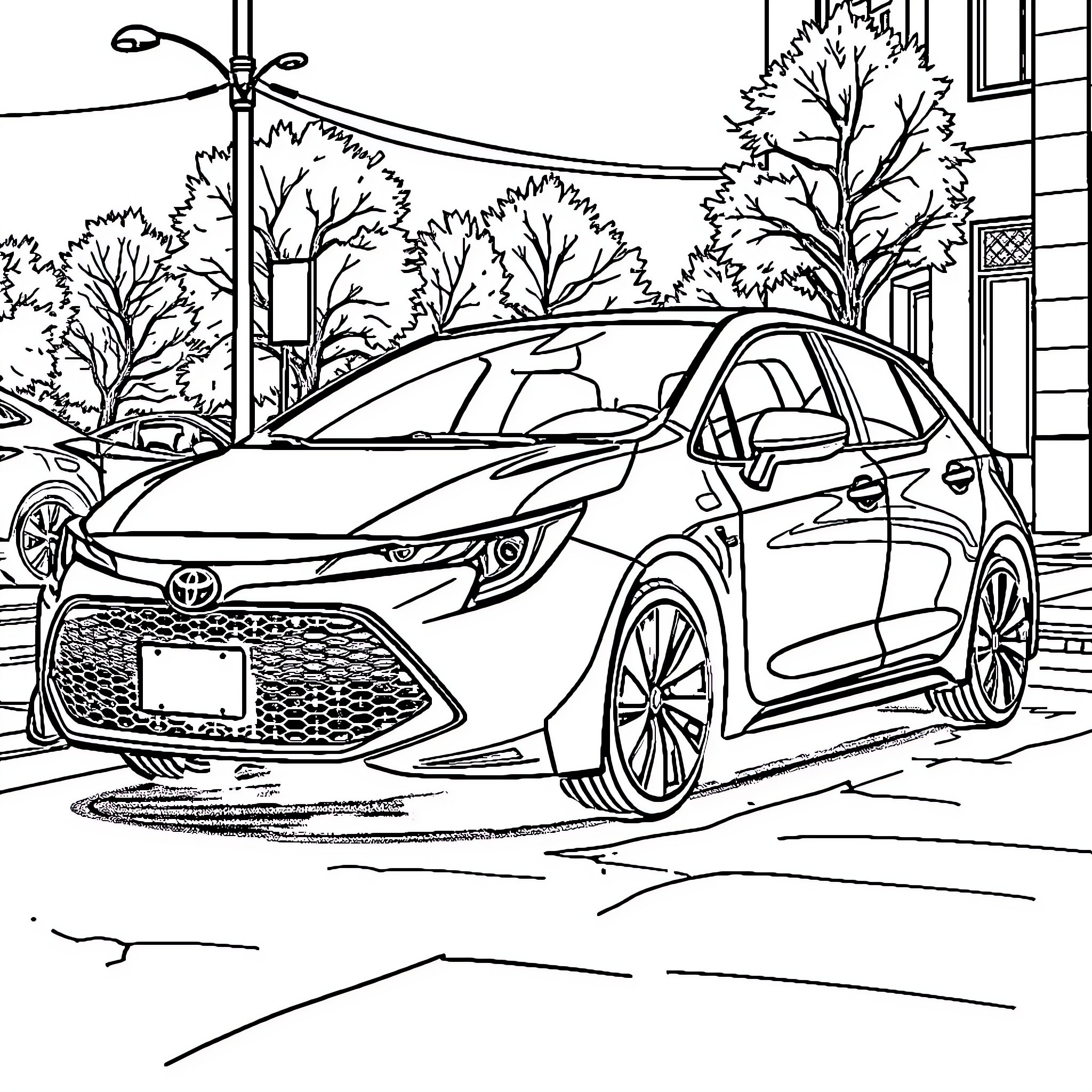 Corolla parked on the city street Coloring Page (free black-and-white line drawing printable PDF for all, from beginners to advanced learners, including children, teens, adults, and seniors)