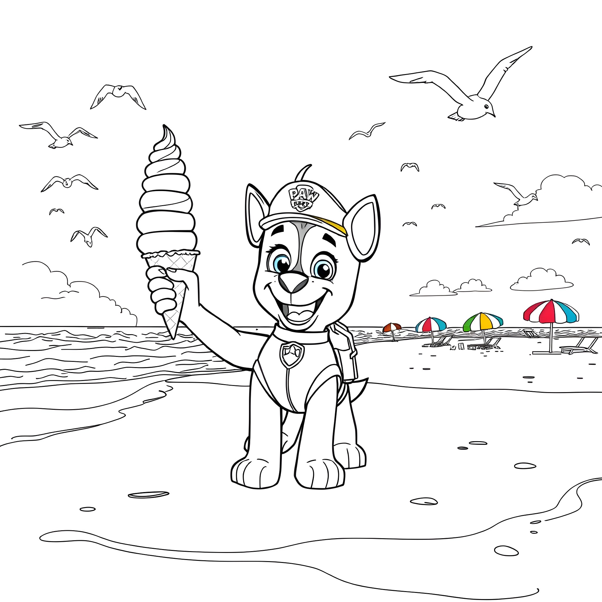 Ice Cream Pup Enjoying the Beach Coloring Page (free black-and-white line drawing printable PDF for all, from beginners to advanced learners, including children, teens, adults, and seniors)