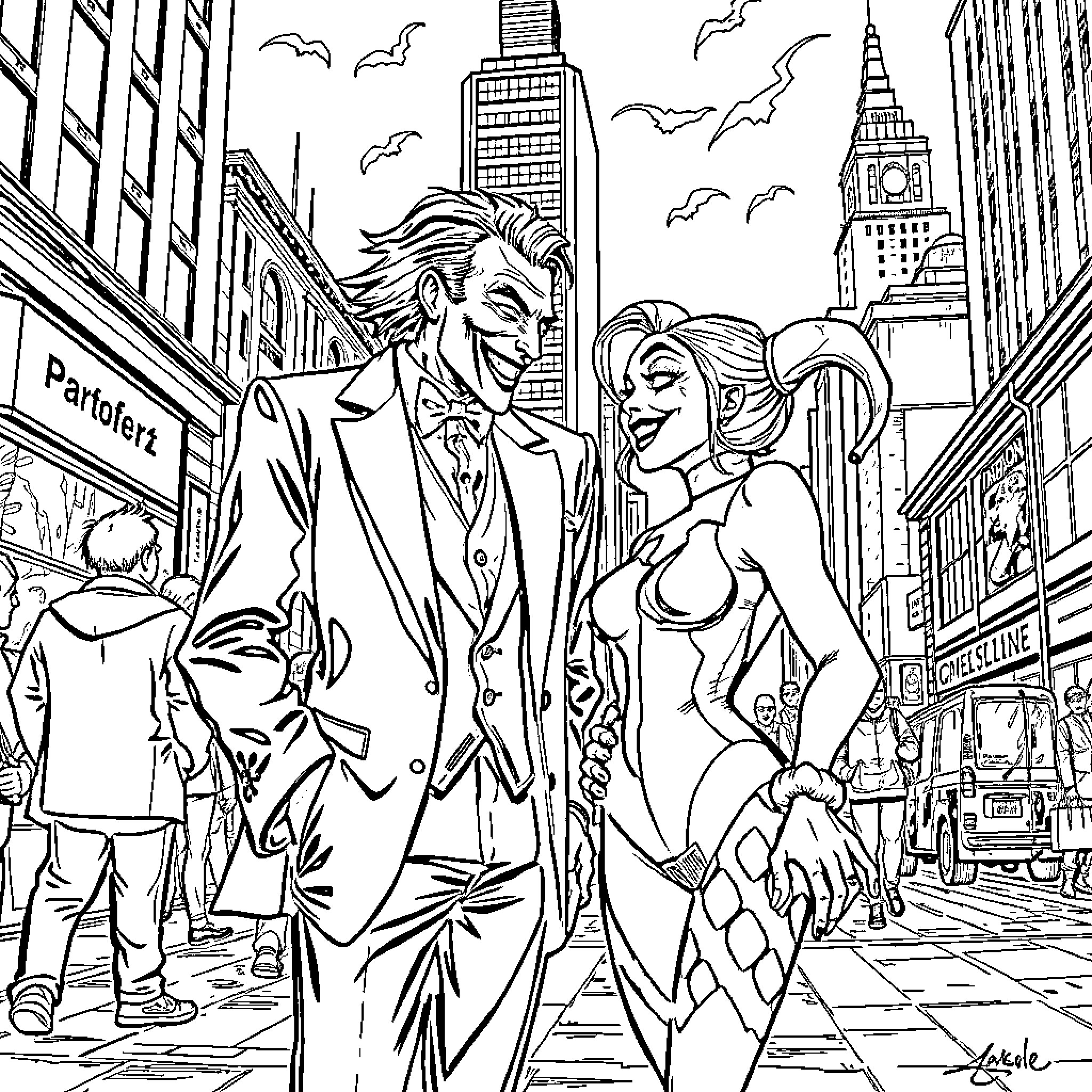 Joker and Harley Quinn in an Urban Cityscape Coloring Page (free black-and-white line drawing printable PDF for all, from beginners to advanced learners, including children, teens, adults, and seniors)