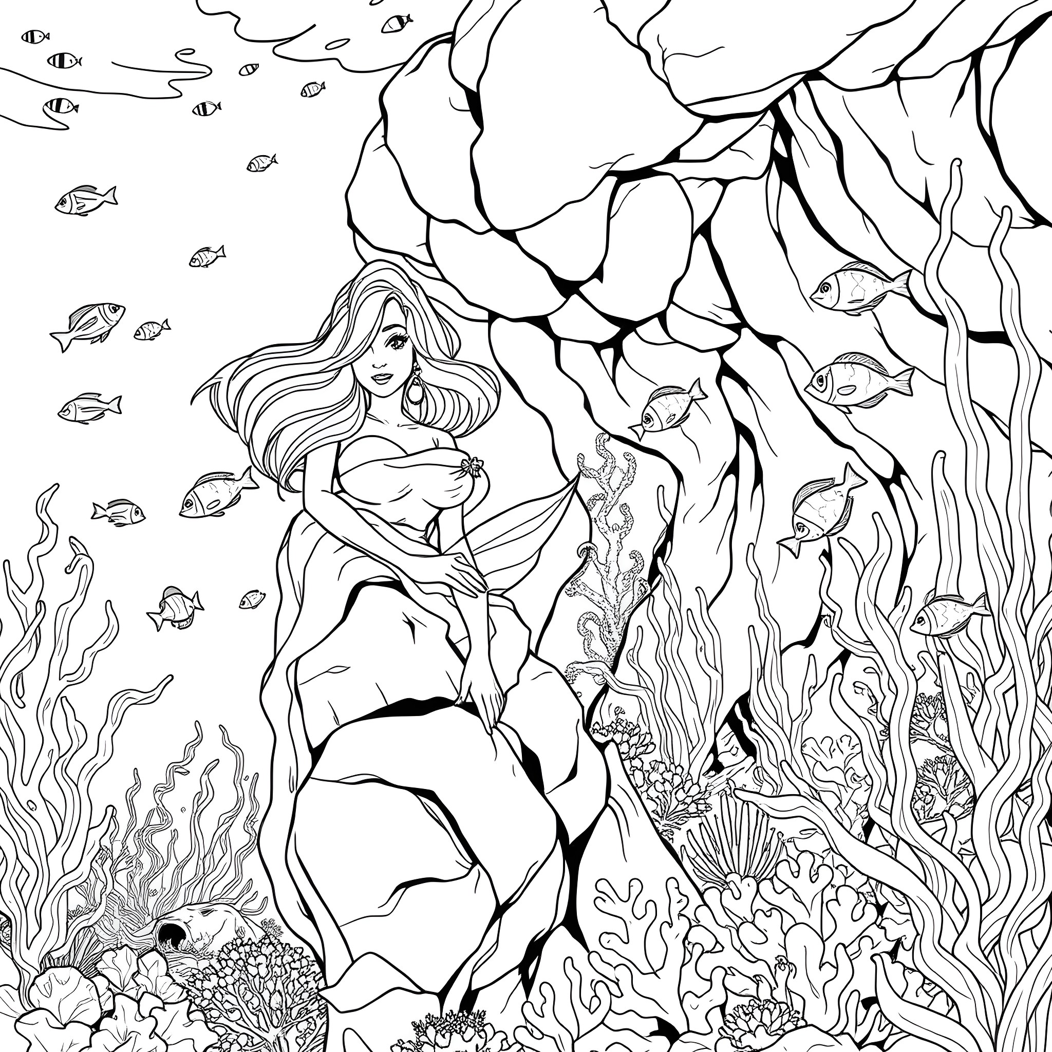 Mermaid swimming gracefully among underwater marine life Coloring Page (free black-and-white line drawing printable PDF for all, from beginners to advanced learners, including children, teens, adults, and seniors)