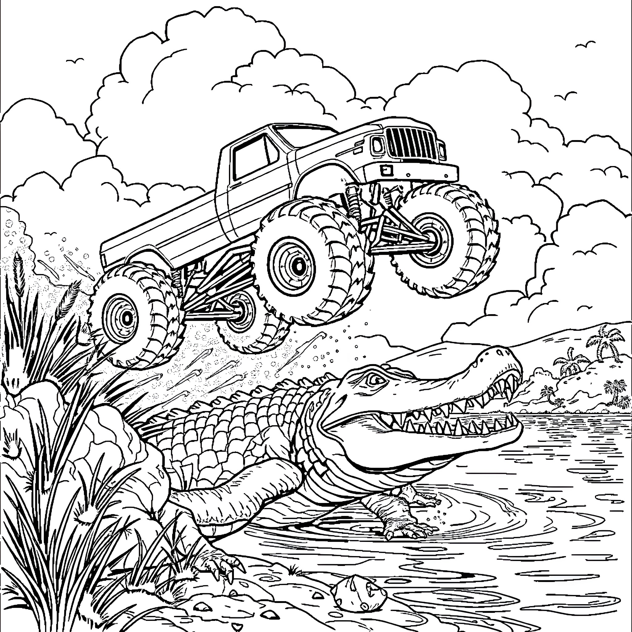Monster Truck jumping over a dangerous alligator Coloring Page (free black-and-white line drawing printable PDF for all, from beginners to advanced learners, including children, teens, adults, and seniors)