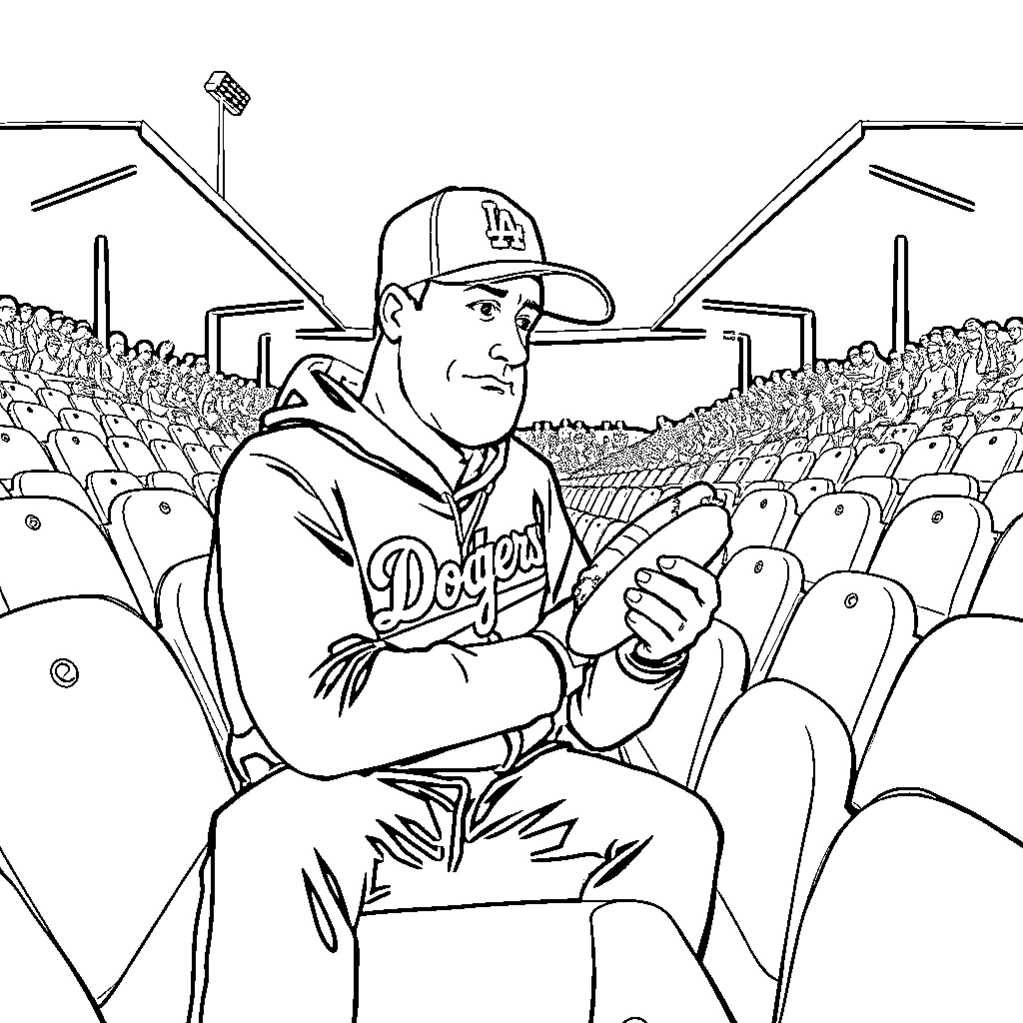 Dodger player relaxing in baseball stadium stands Coloring Page (free black-and-white line drawing printable PDF for all, from beginners to advanced learners, including children, teens, adults, and seniors)