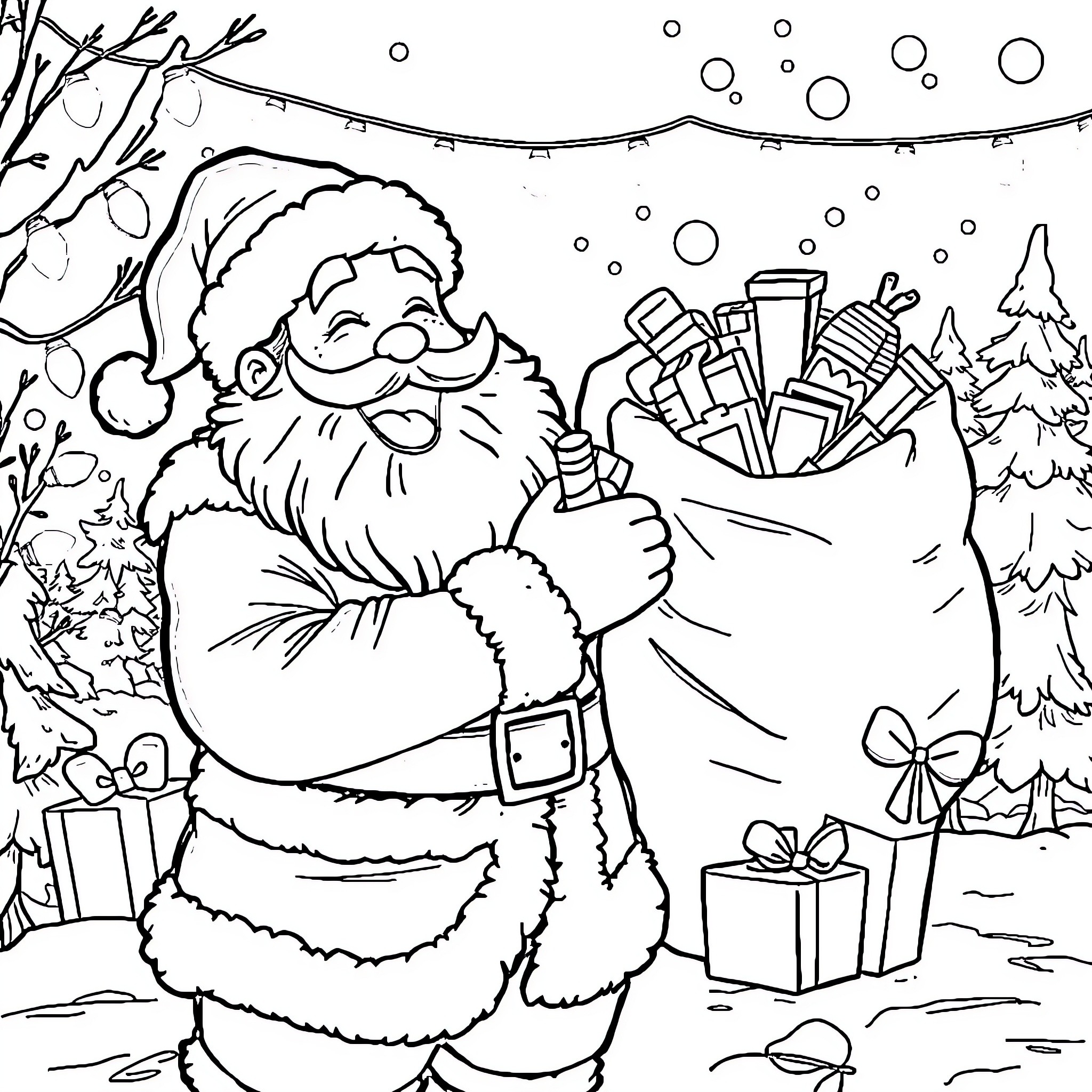 Santa Claus Delivering Gifts in Snowy Wonderland Coloring Page (free black-and-white line drawing printable PDF for all, from beginners to advanced learners, including children, teens, adults, and seniors)