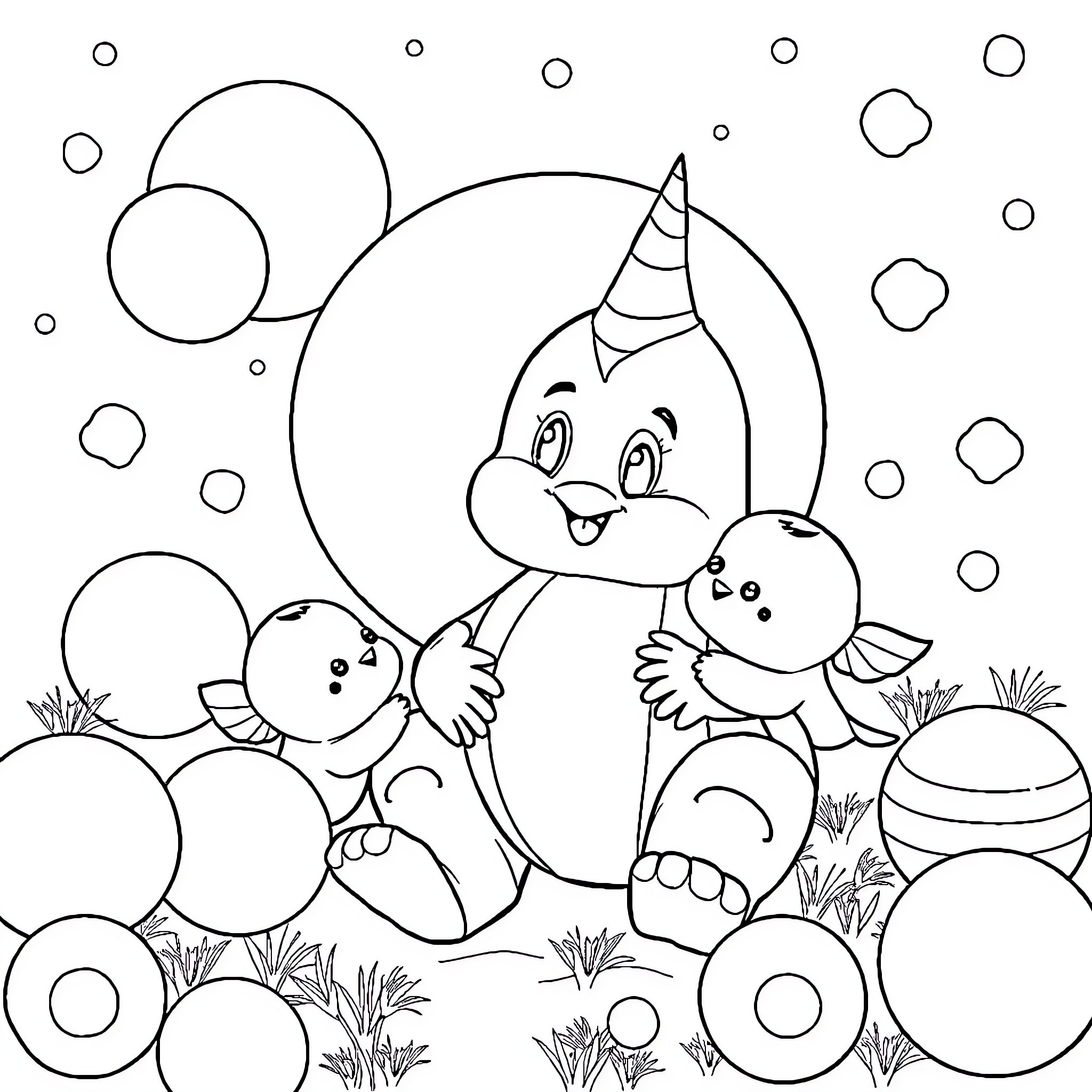 Clown friends having fun in a whimsical scene Coloring Page (free black-and-white line drawing printable PDF for all, from beginners to advanced learners, including children, teens, adults, and seniors)