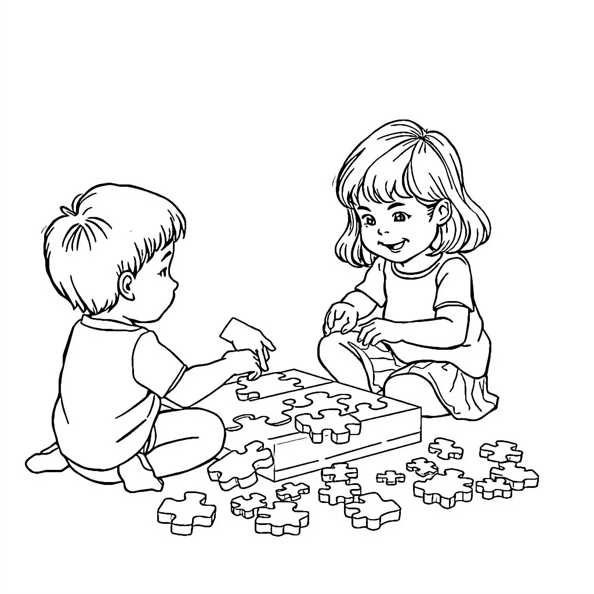 Child playing with puzzle on the floor Coloring Page (free black-and-white line drawing printable PDF for all, from beginners to advanced learners, including children, teens, adults, and seniors)