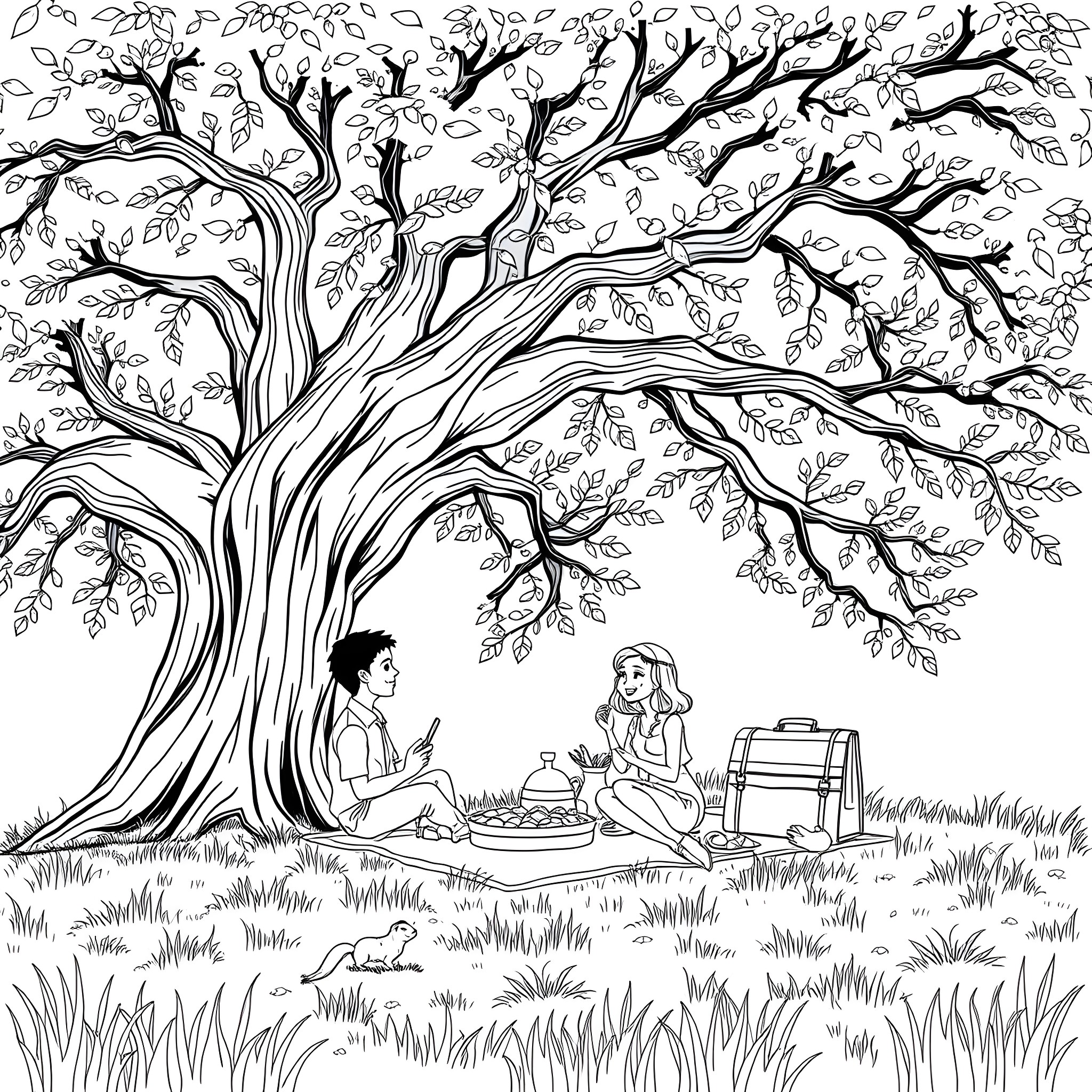 Jonathan enjoying a picnic under the old oak tree Coloring Page (free black-and-white line drawing printable PDF for all, from beginners to advanced learners, including children, teens, adults, and seniors)