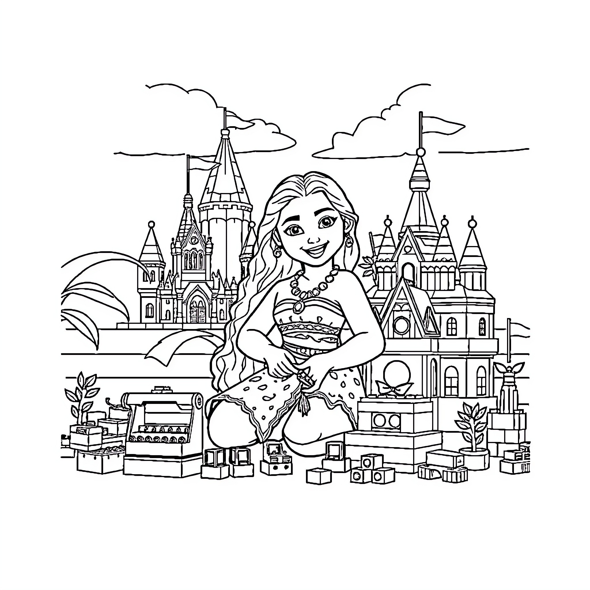 Moana's Magical Adventure in a Whimsical Kingdom Coloring Page (free black-and-white line drawing printable PDF for all, from beginners to advanced learners, including children, teens, adults, and seniors)