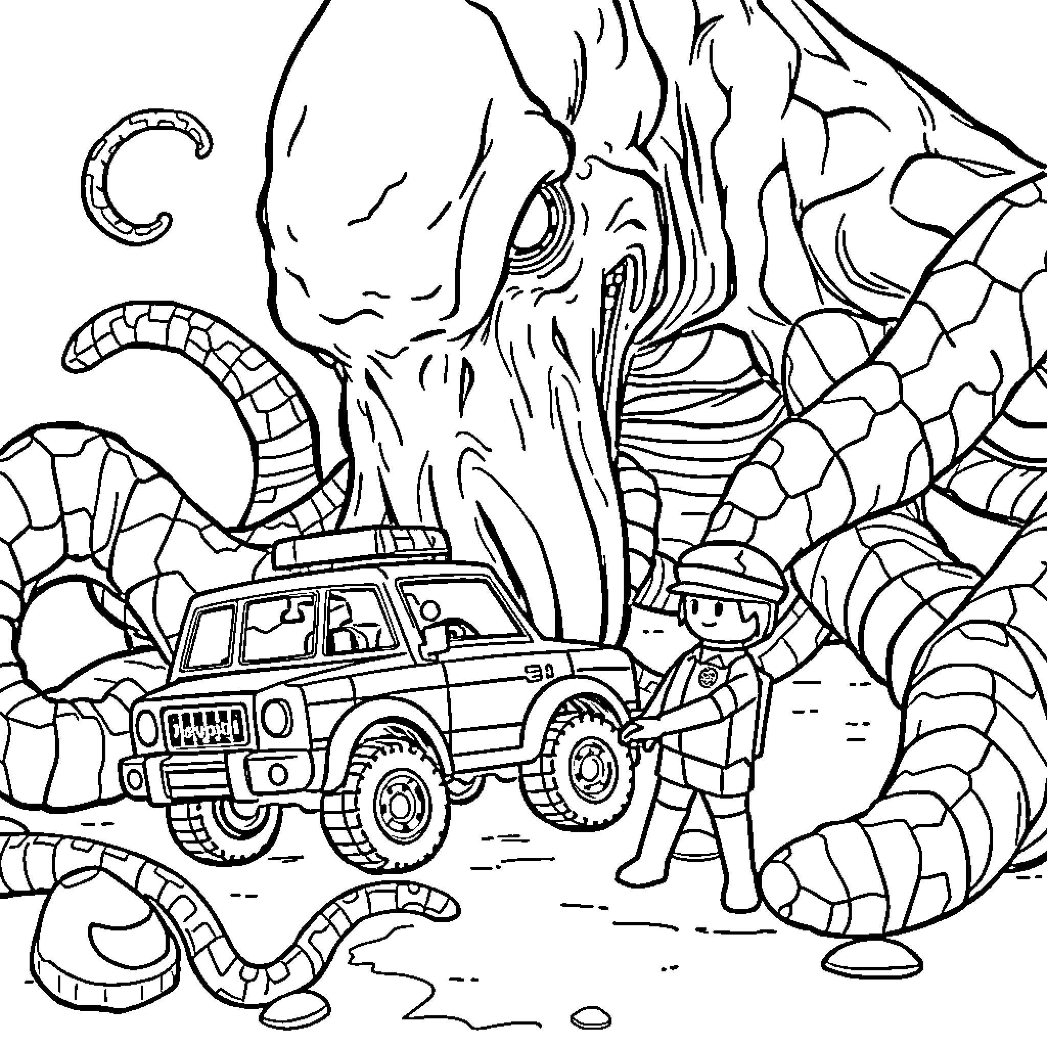 Cthulhu's Otherworldly Encounter with a Rugged Expedition Coloring Page (free black-and-white line drawing printable PDF for all, from beginners to advanced learners, including children, teens, adults, and seniors)