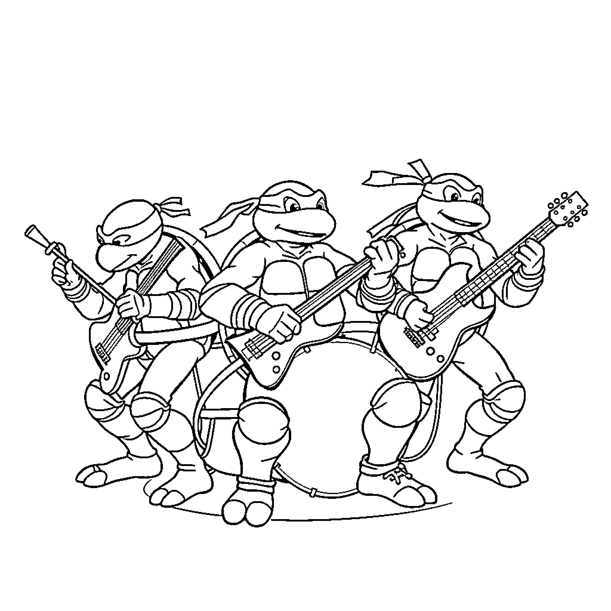 Ninja Turtles rocking out with electric guitars Coloring Page (free black-and-white line drawing printable PDF for all, from beginners to advanced learners, including children, teens, adults, and seniors)