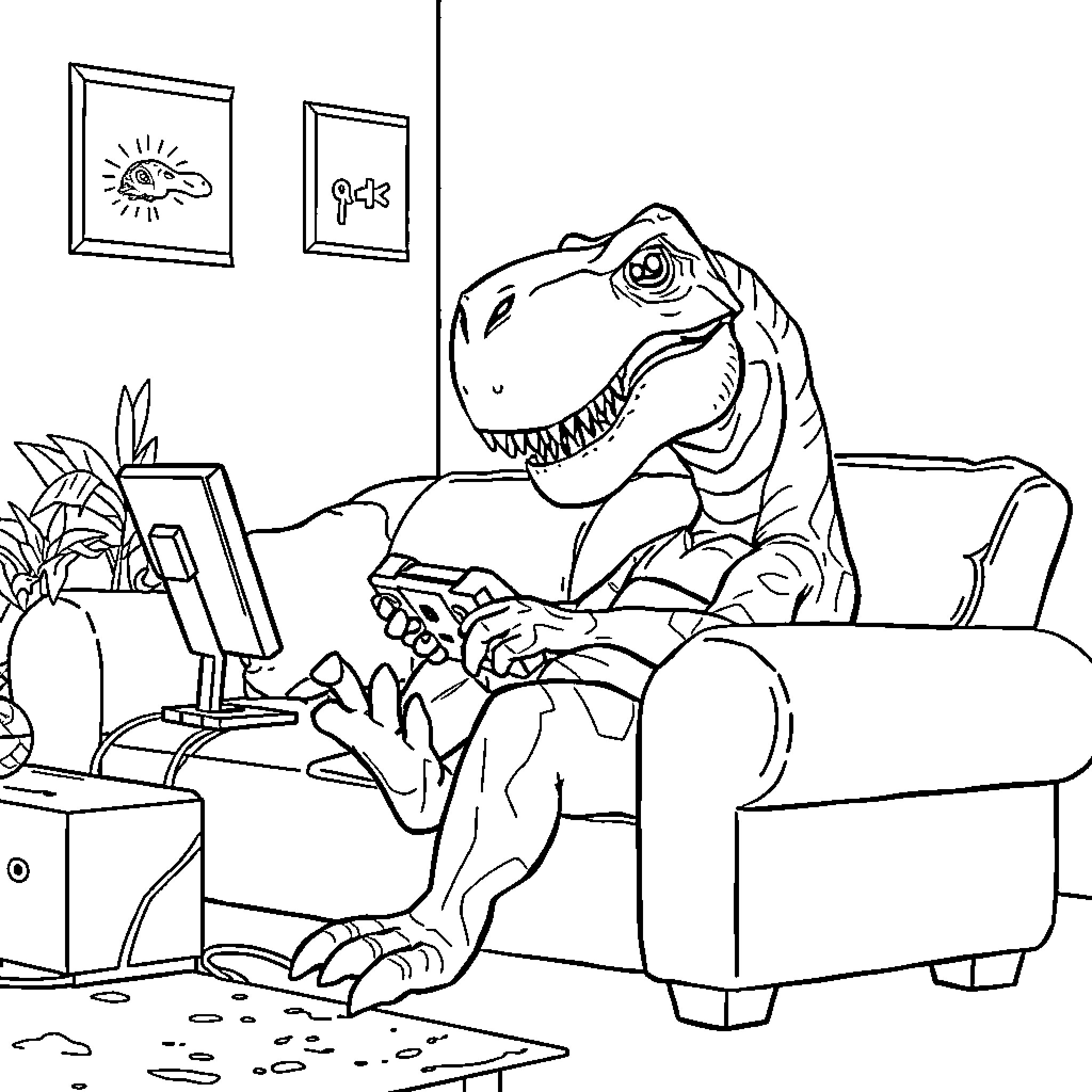 Dinosaur relaxing and playing video games at home Coloring Page (free black-and-white line drawing printable PDF for all, from beginners to advanced learners, including children, teens, adults, and seniors)