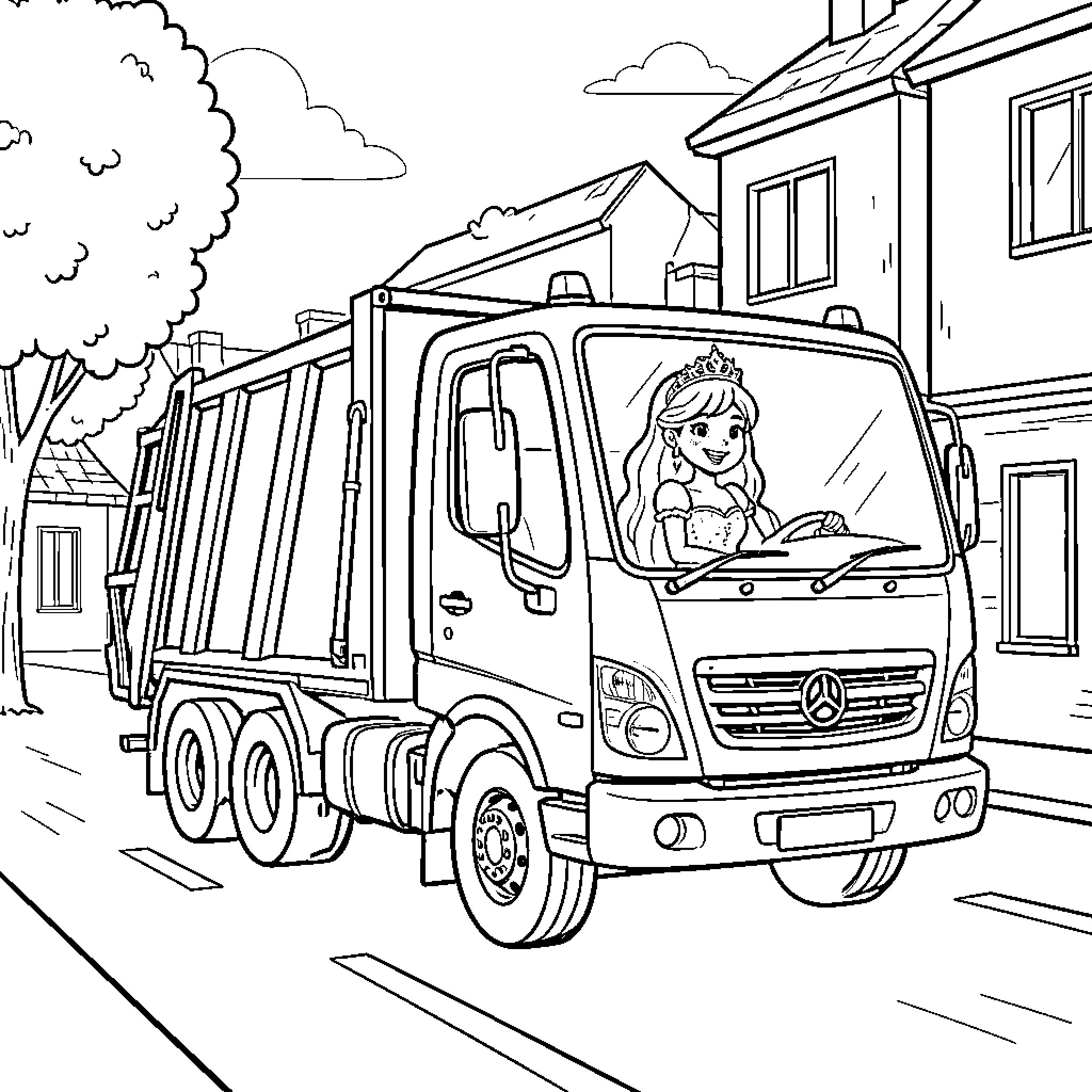 Garbage Truck Driver Waving From Vehicle Coloring Page (free black-and-white line drawing printable PDF for all, from beginners to advanced learners, including children, teens, adults, and seniors)