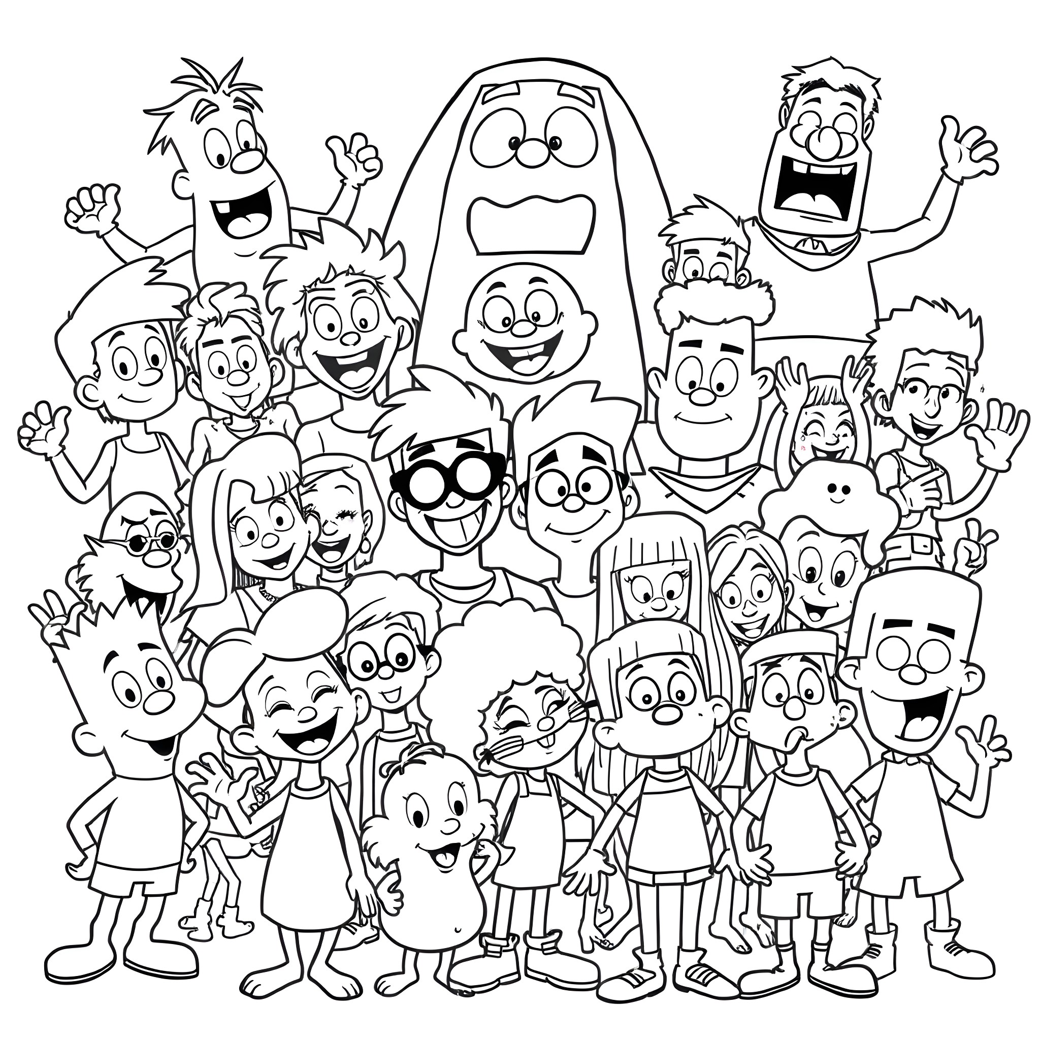 Cartoon group of happy and wacky characters Coloring Page (free black-and-white line drawing printable PDF for all, from beginners to advanced learners, including children, teens, adults, and seniors)