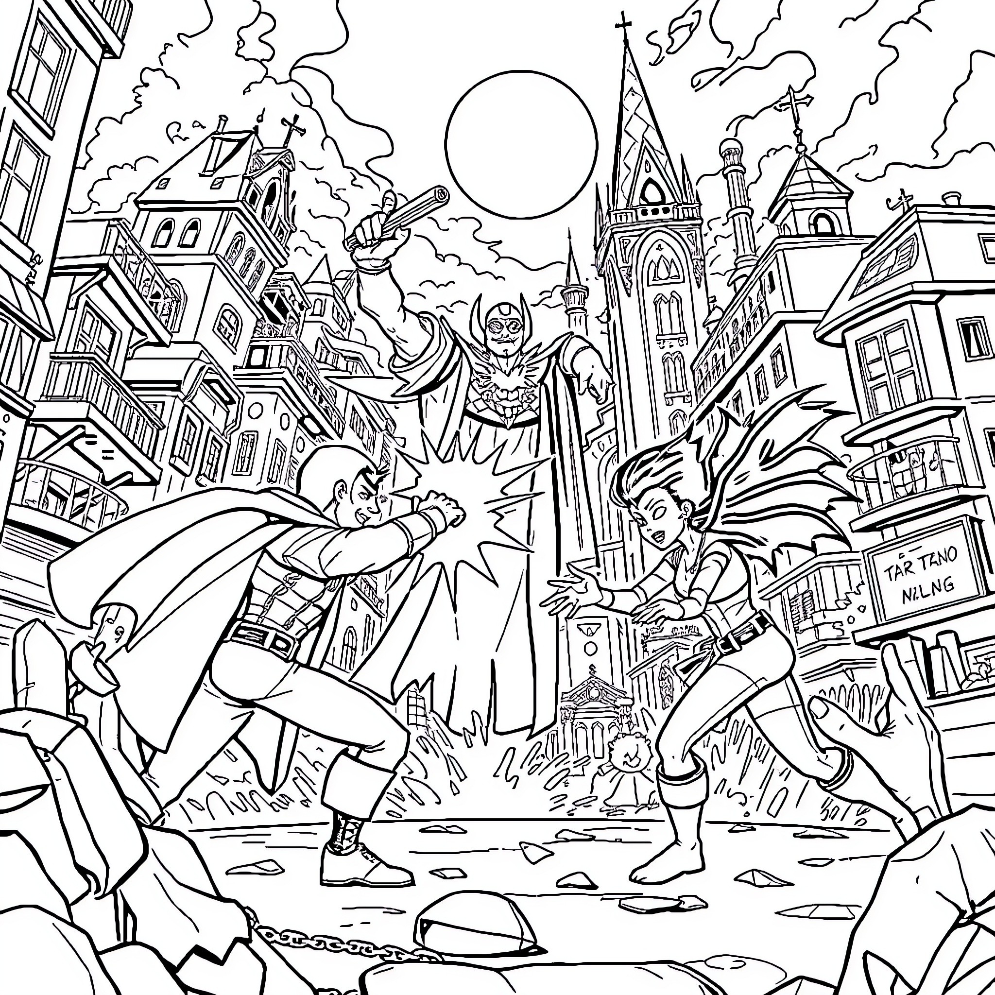 Los Cuatro Fantásticos battle heroically in the city streets Coloring Page (free black-and-white line drawing printable PDF for all, from beginners to advanced learners, including children, teens, adults, and seniors)