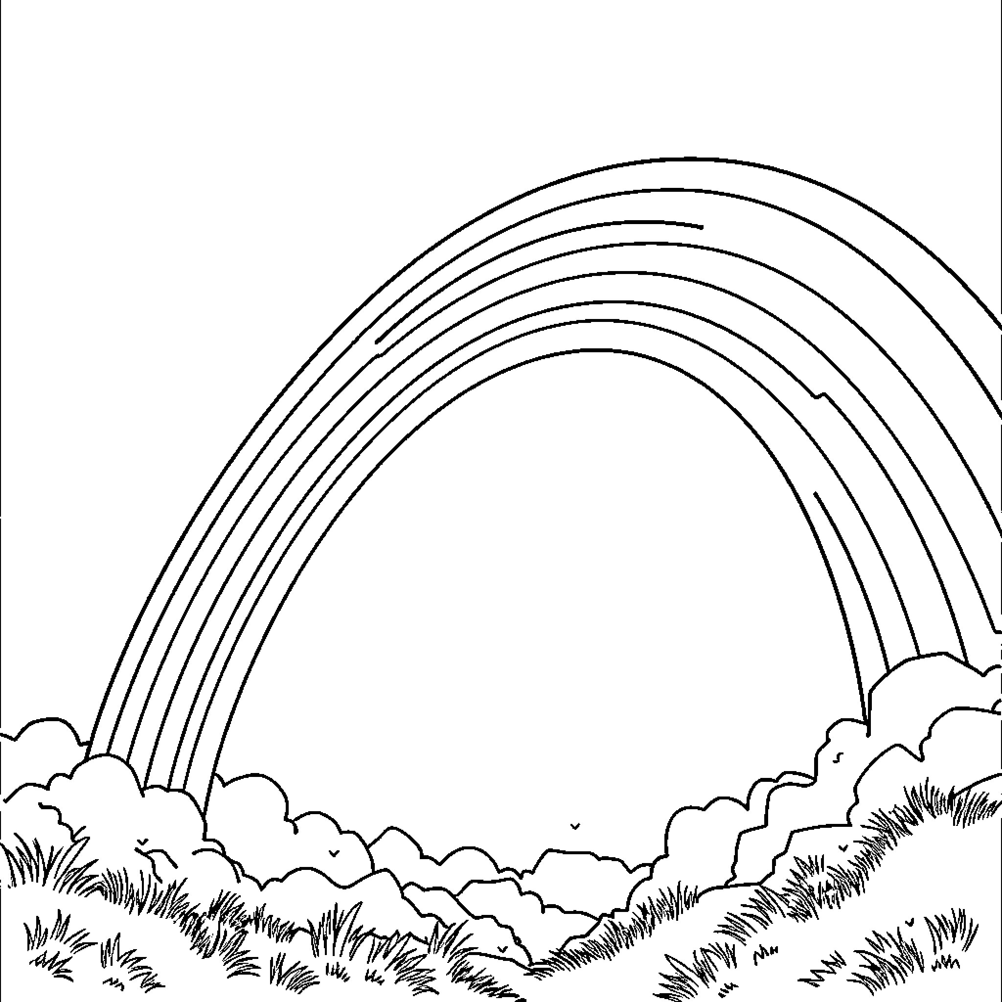 Rainbow over peaceful countryside scene Coloring Page (free black-and-white line drawing printable PDF for all, from beginners to advanced learners, including children, teens, adults, and seniors)