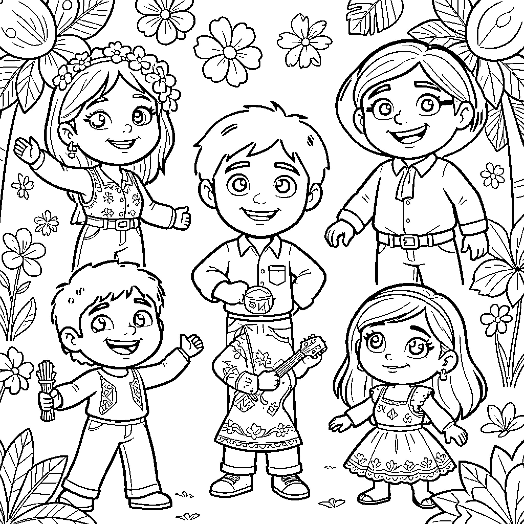 Coco Character group smiling and playing music together Coloring Page (free black-and-white line drawing printable PDF for all, from beginners to advanced learners, including children, teens, adults, and seniors)