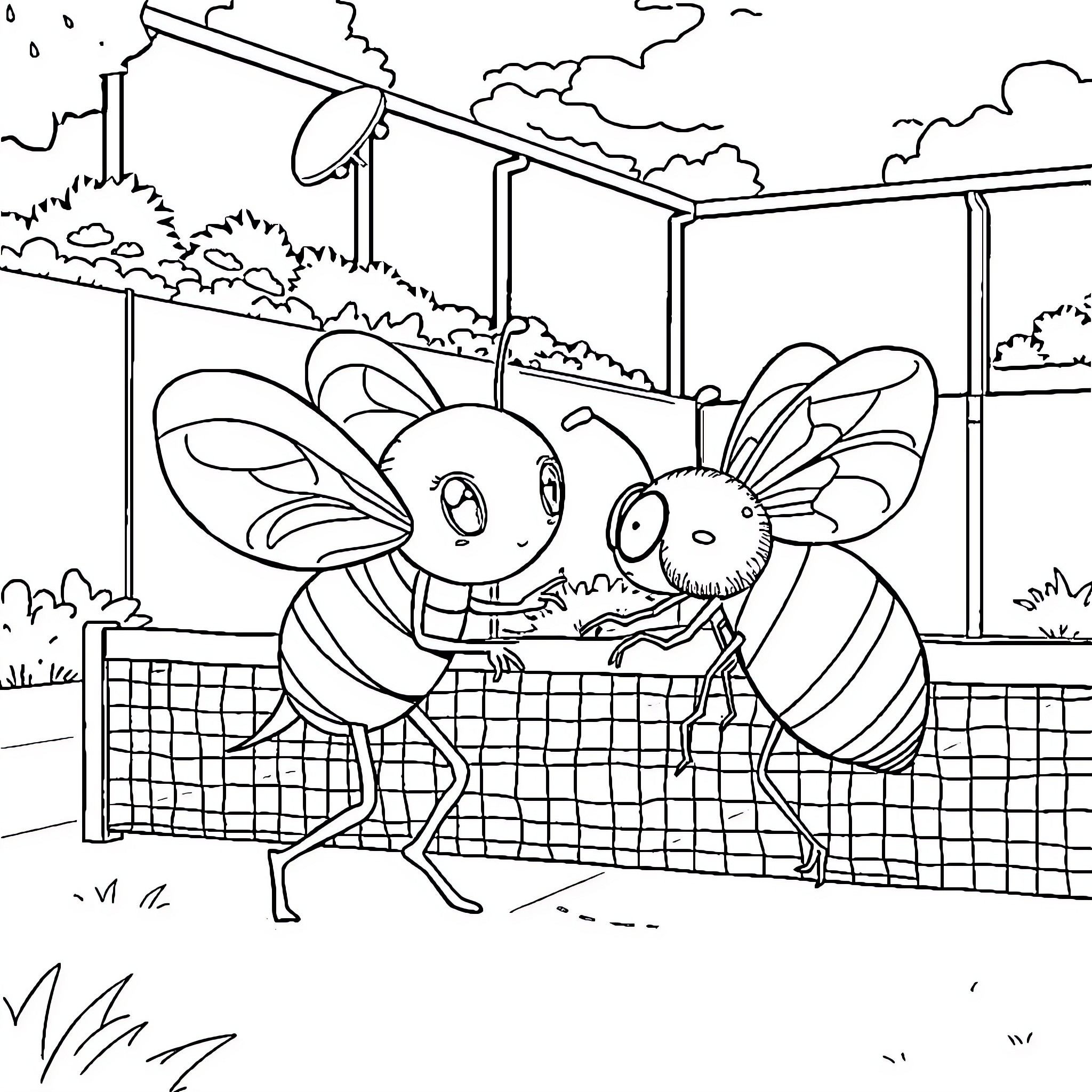 Ladybug friends playing together outdoors Coloring Page (free black-and-white line drawing printable PDF for all, from beginners to advanced learners, including children, teens, adults, and seniors)