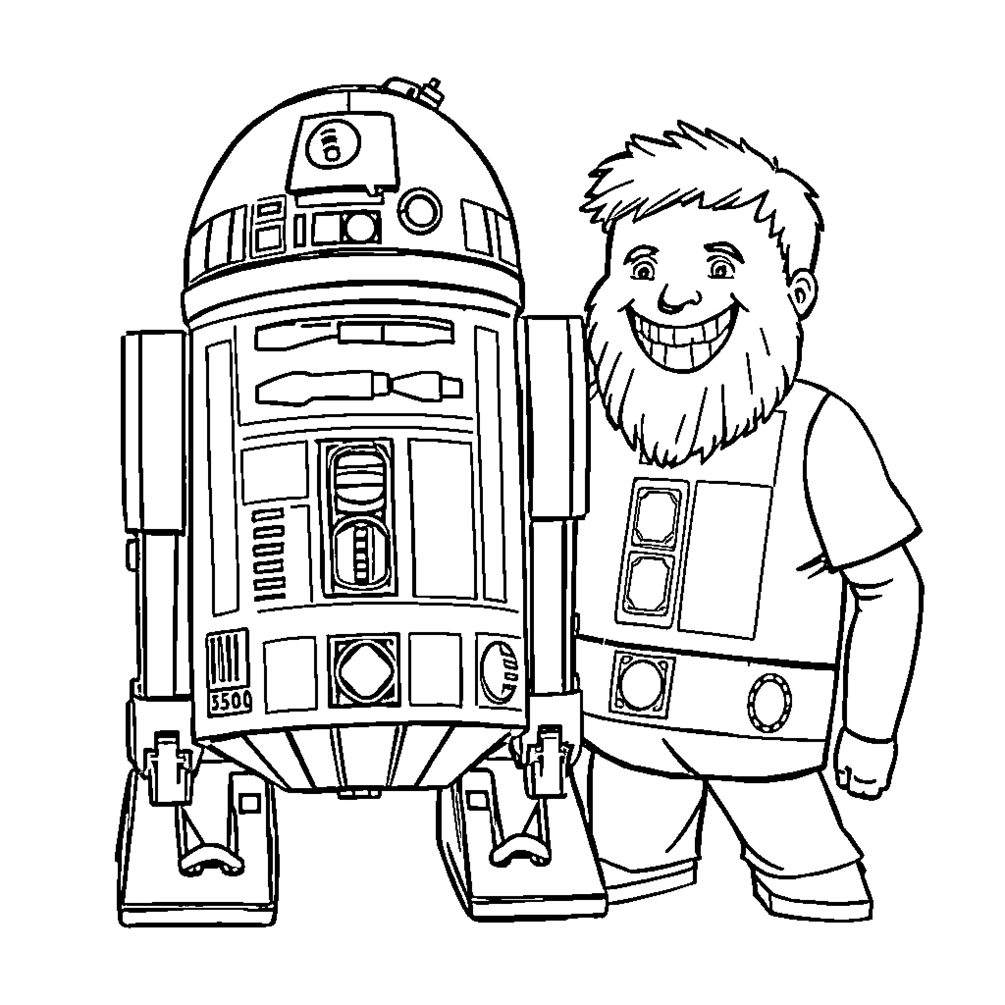 R2D2 and happy Star Wars character Coloring Page (free black-and-white line drawing printable PDF for all, from beginners to advanced learners, including children, teens, adults, and seniors)