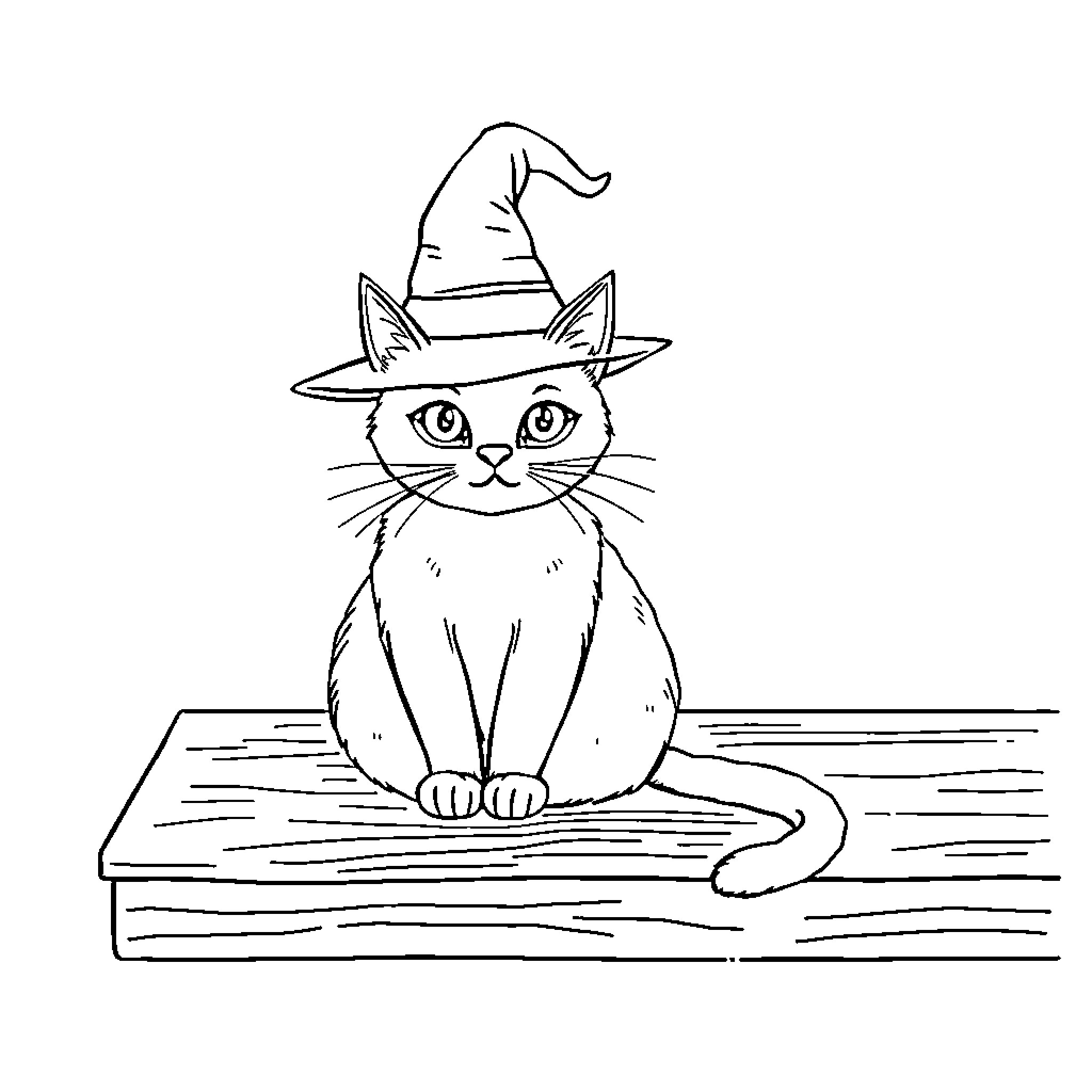 Cat wearing a witch hat on a wooden surface Coloring Page (free black-and-white line drawing printable PDF for all, from beginners to advanced learners, including children, teens, adults, and seniors)