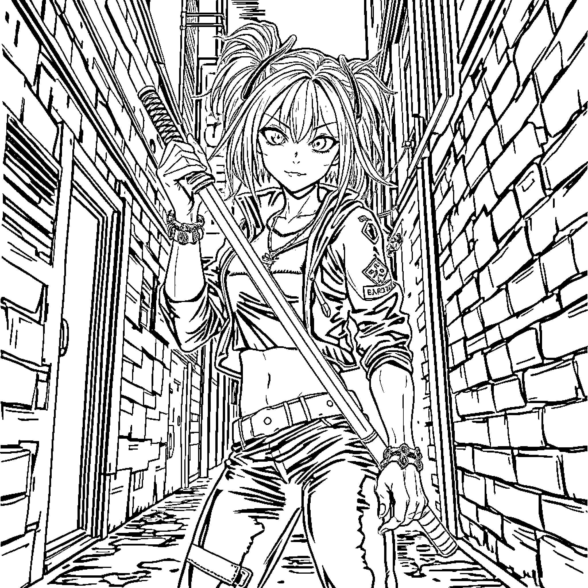 Girl exploring a mysterious alleyway Coloring Page (free black-and-white line drawing printable PDF for all, from beginners to advanced learners, including children, teens, adults, and seniors)