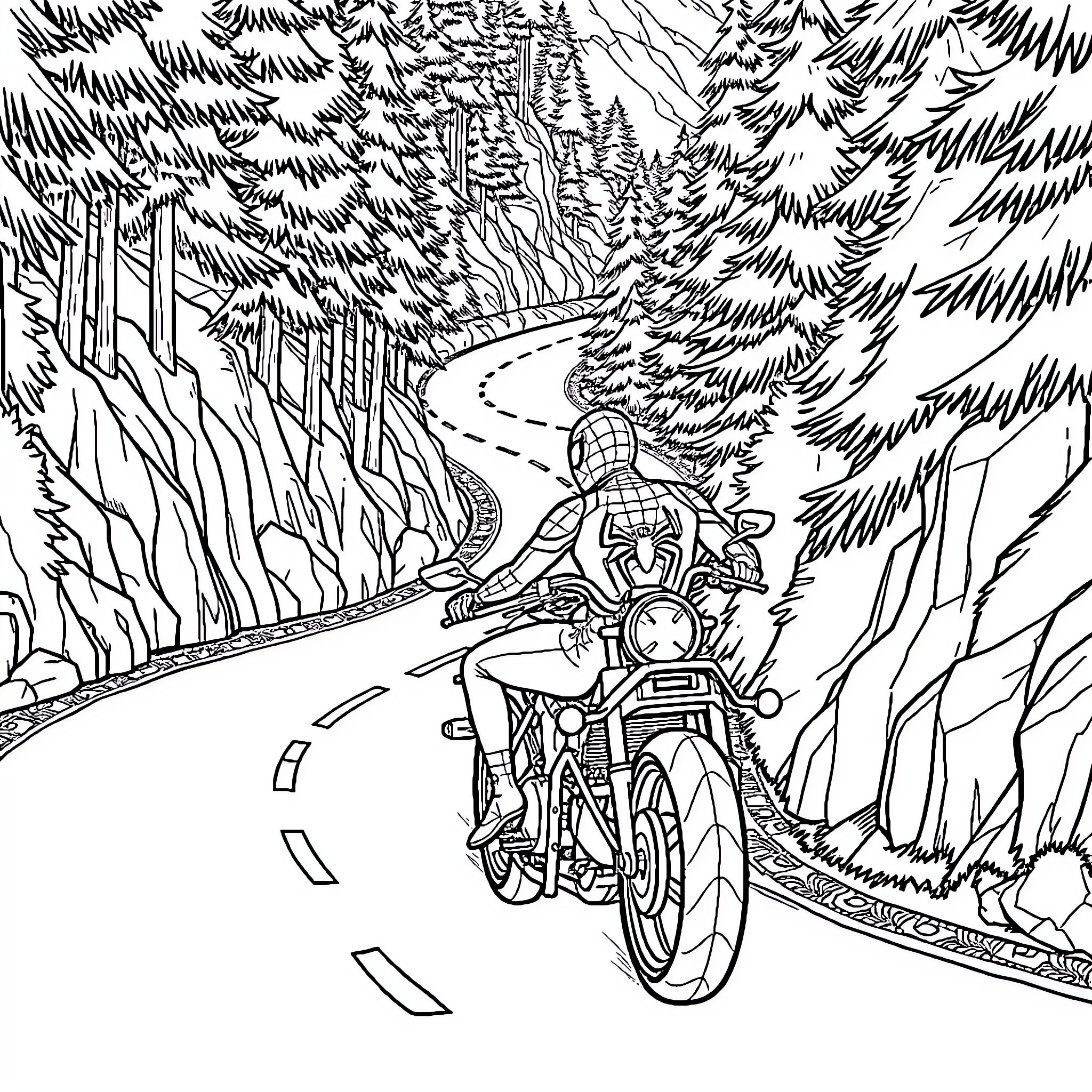 Spider-Man riding motorcycle through snowy forest Coloring Page (free black-and-white line drawing printable PDF for all, from beginners to advanced learners, including children, teens, adults, and seniors)