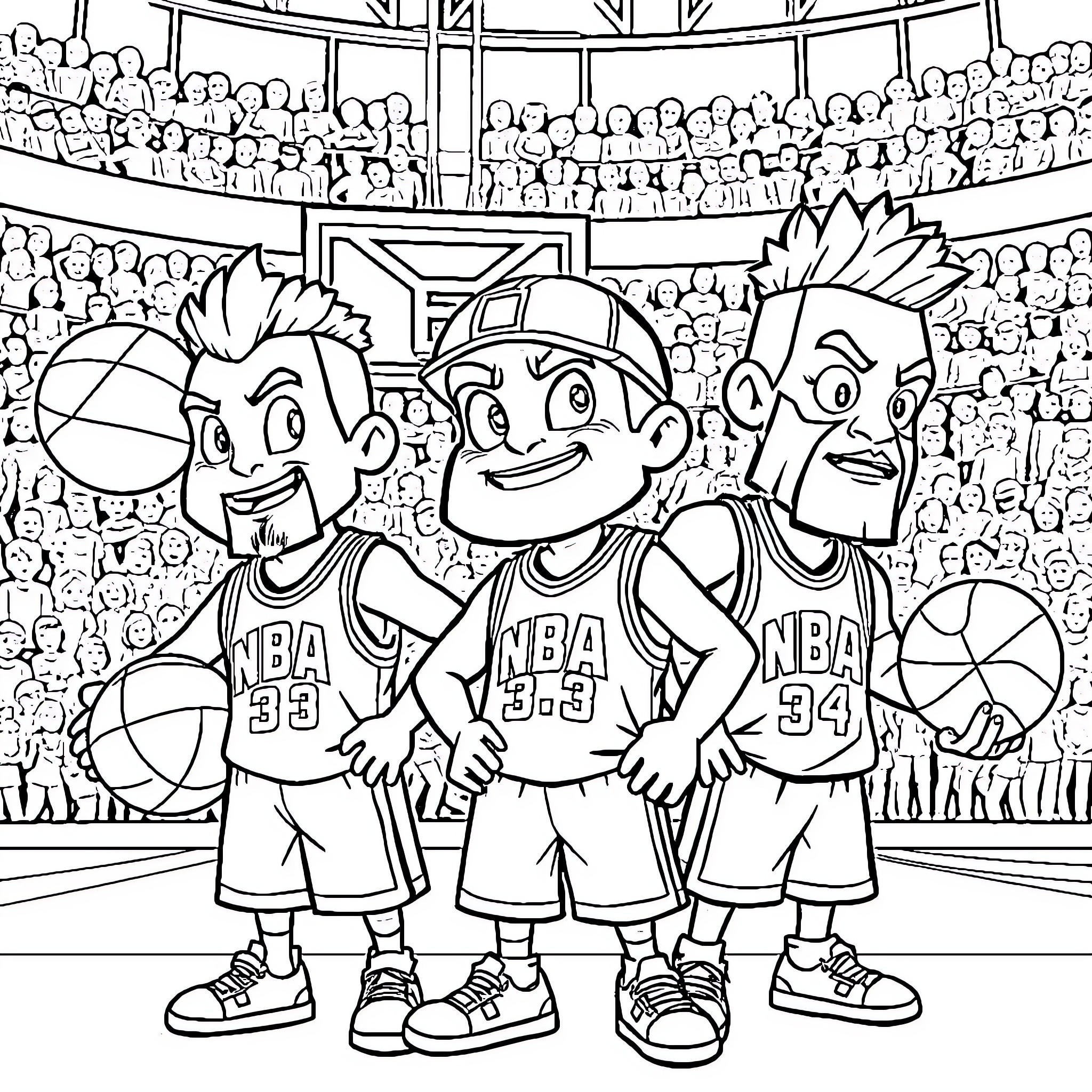 Brawlstar Basketball Champions on the Court Coloring Page (free black-and-white line drawing printable PDF for all, from beginners to advanced learners, including children, teens, adults, and seniors)