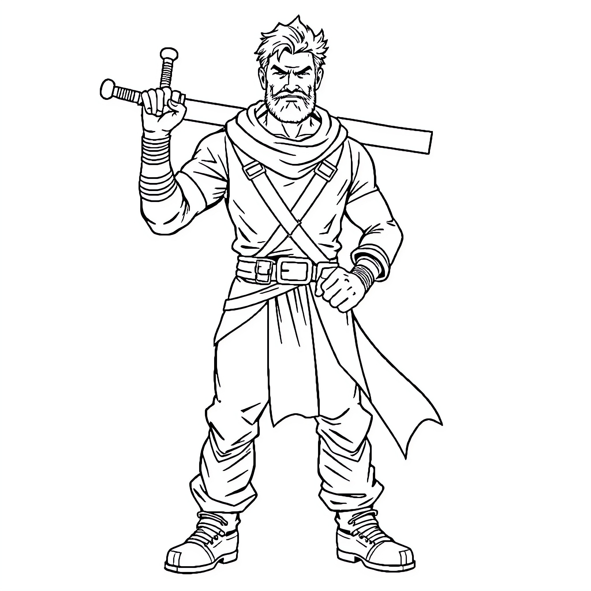 Man wielding sword in heroic pose Coloring Page (free black-and-white line drawing printable PDF for all, from beginners to advanced learners, including children, teens, adults, and seniors)