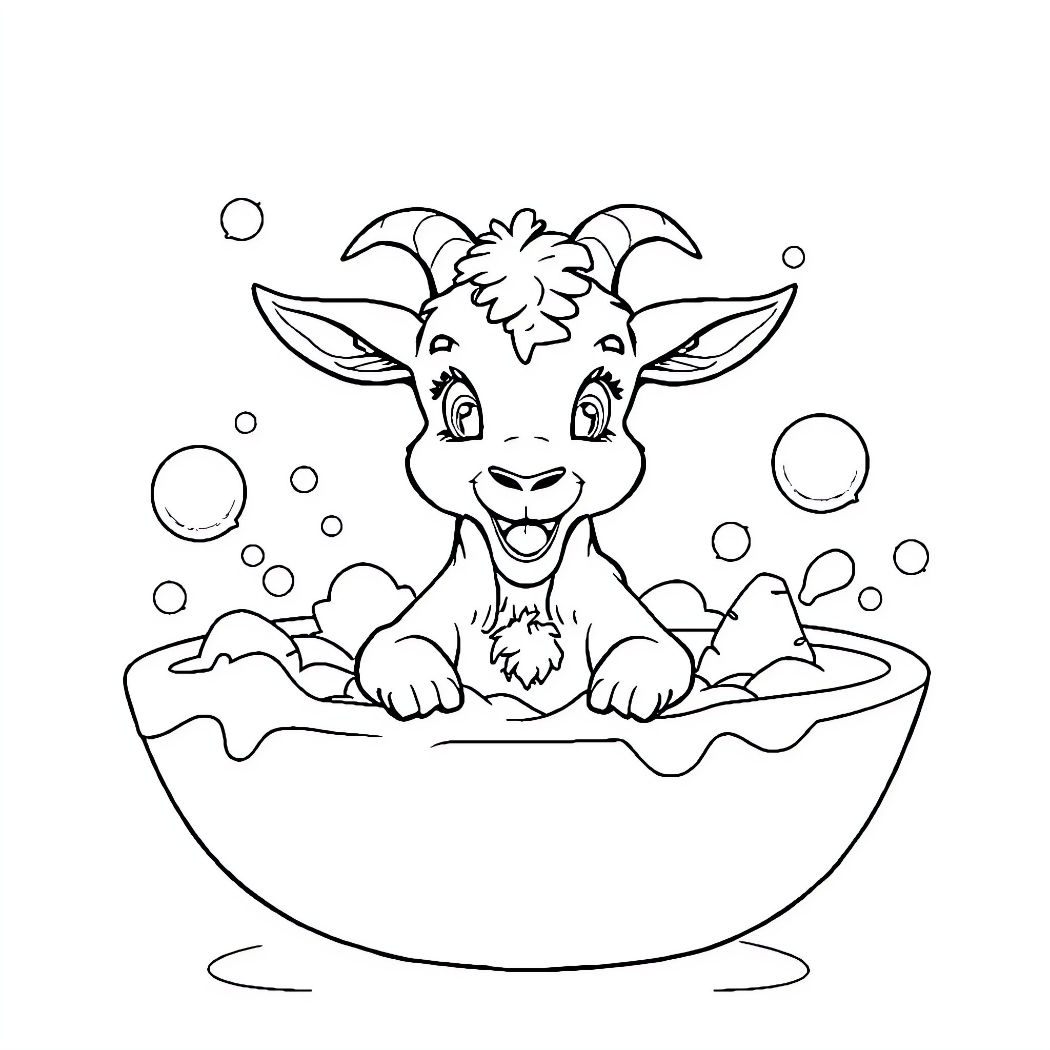 Goat enjoying a bubbly bath Coloring Page (free black-and-white line drawing printable PDF for all, from beginners to advanced learners, including children, teens, adults, and seniors)