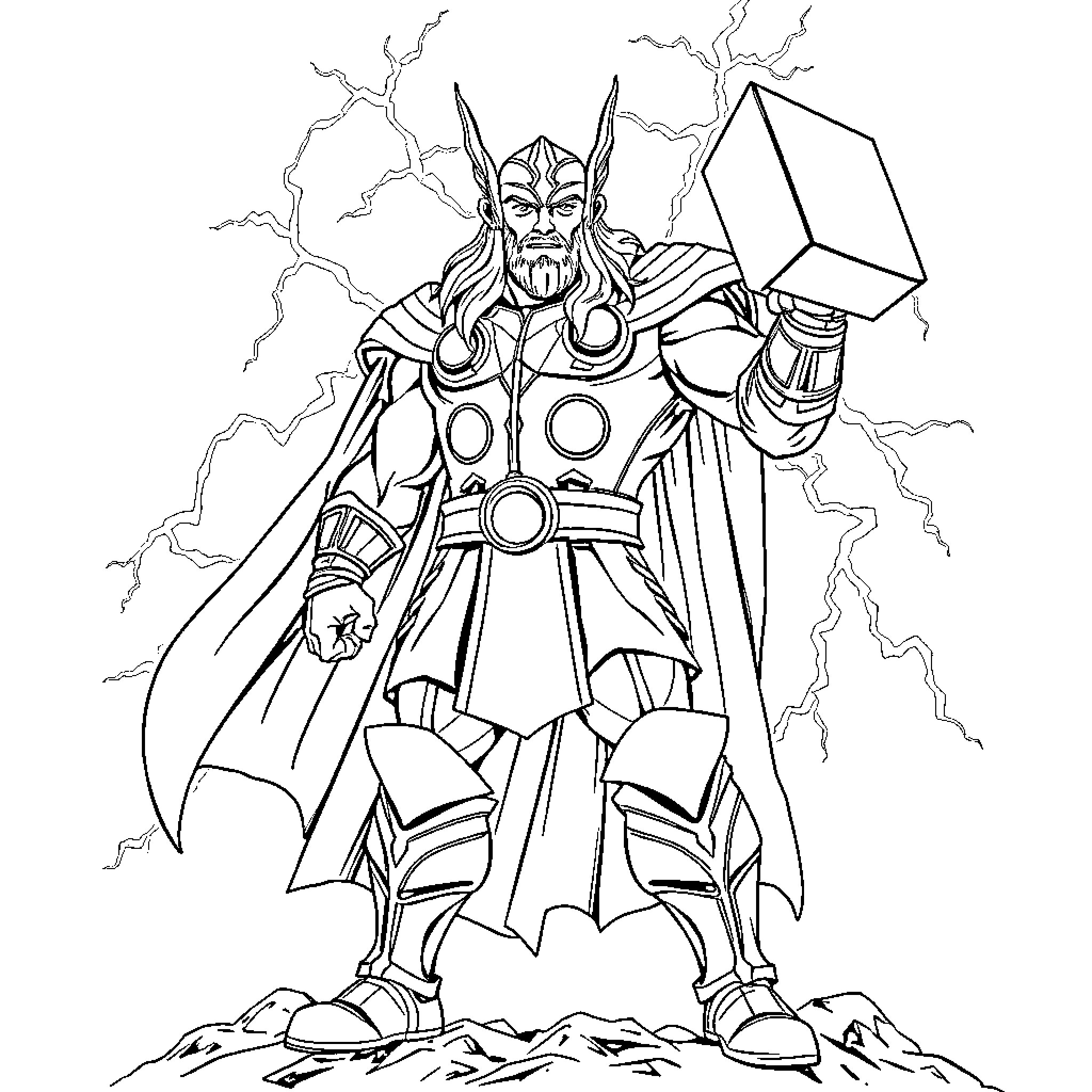 Thor Wielding Mighty Hammer with Heroic Pose Coloring Page (free black-and-white line drawing printable PDF for all, from beginners to advanced learners, including children, teens, adults, and seniors)