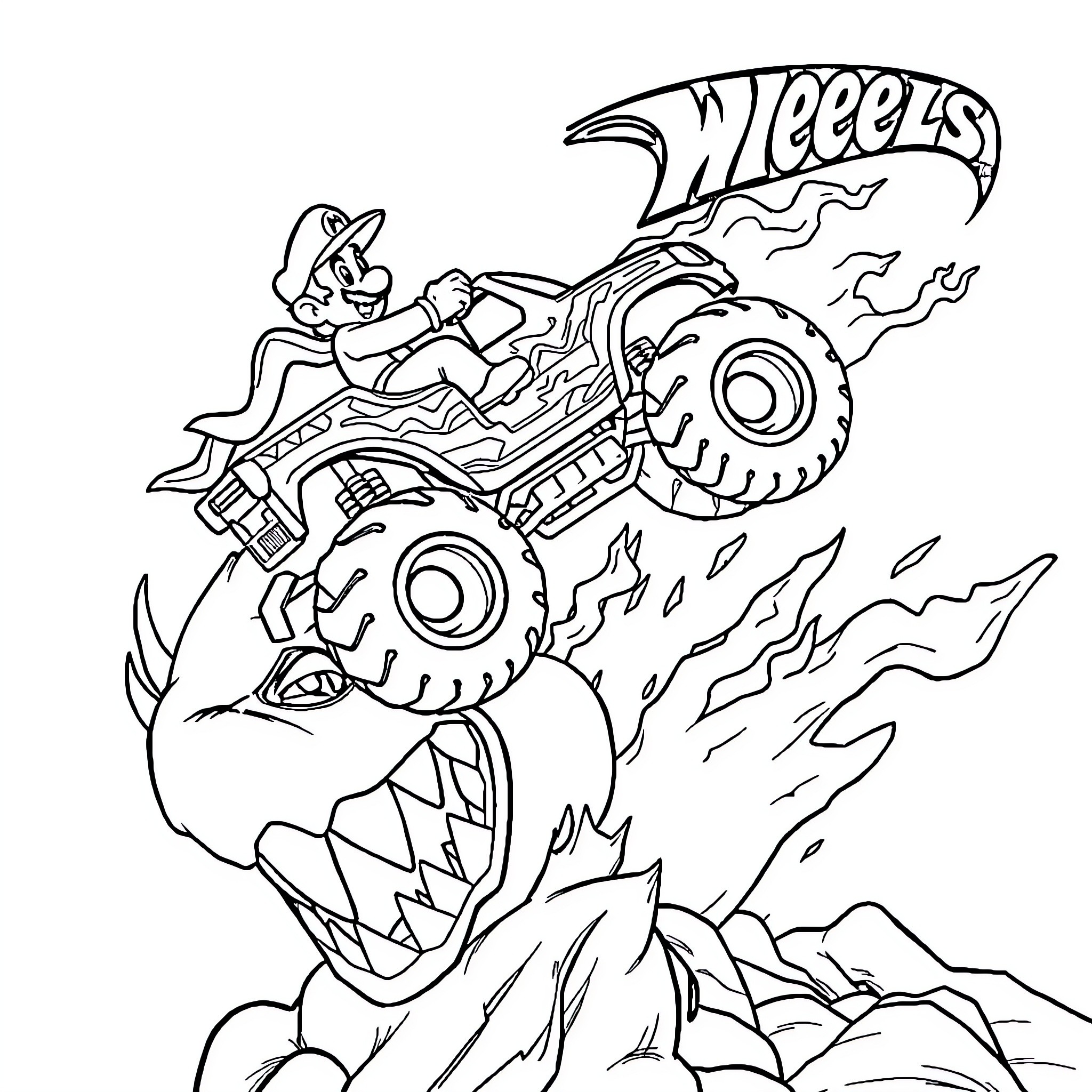 Mario's Monster Truck Adventure Coloring Page (free black-and-white line drawing printable PDF for all, from beginners to advanced learners, including children, teens, adults, and seniors)