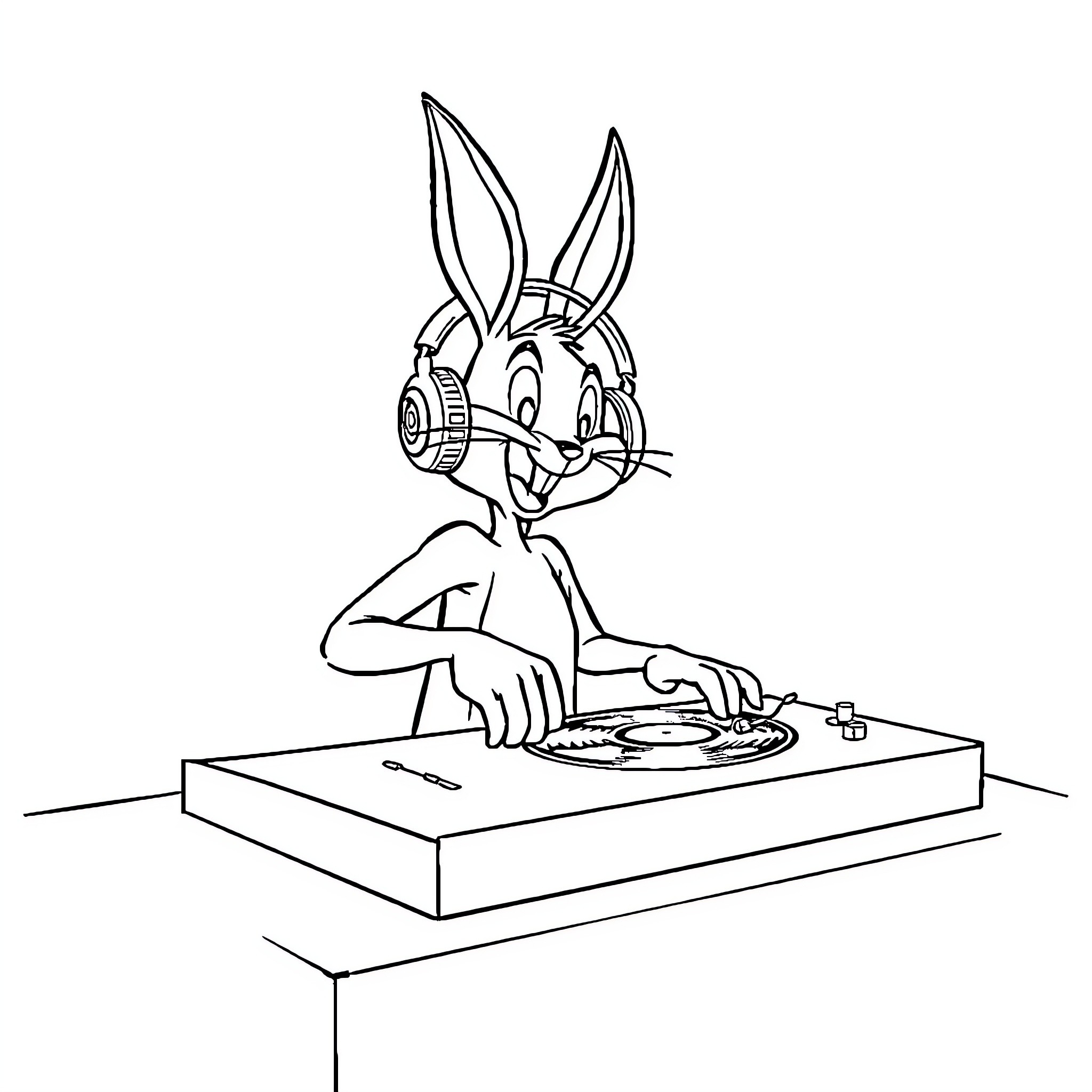 Bugs Bunny mixing music on a turntable Coloring Page (free black-and-white line drawing printable PDF for all, from beginners to advanced learners, including children, teens, adults, and seniors)