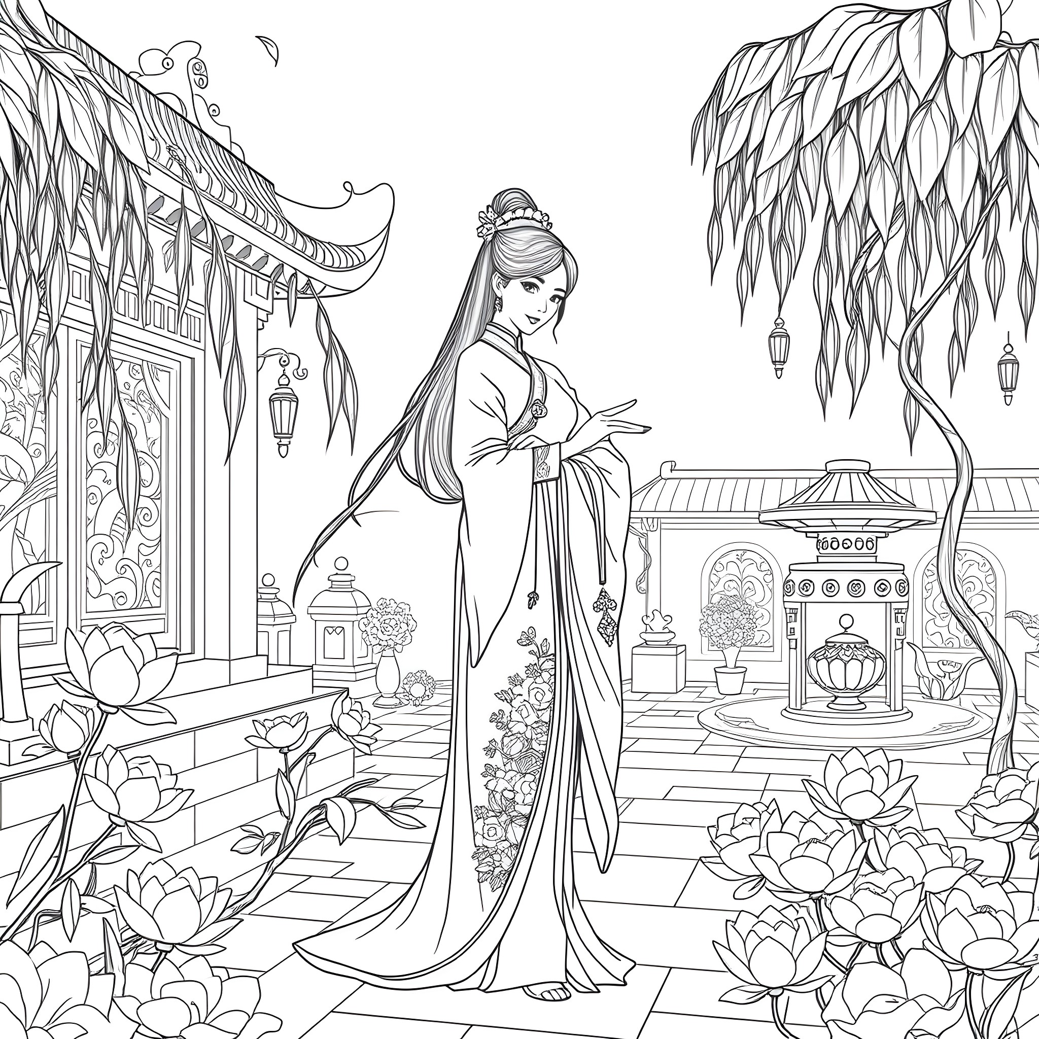 Lady in elegant dress stands in serene Asian garden Coloring Page (free black-and-white line drawing printable PDF for all, from beginners to advanced learners, including children, teens, adults, and seniors)