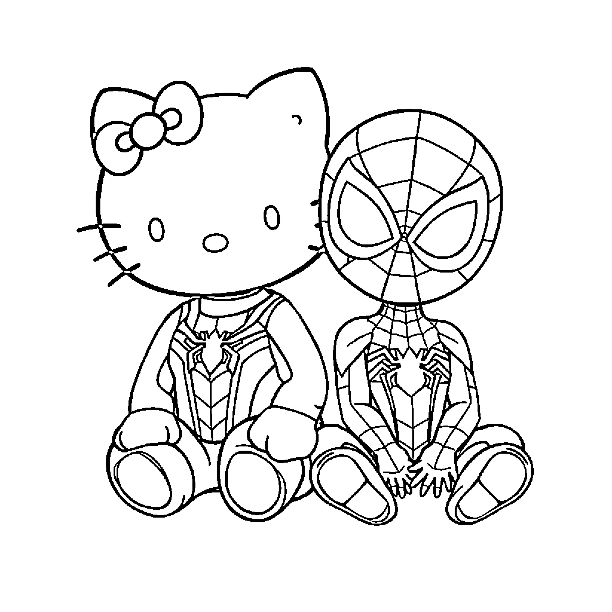 Hello Kitty as Spider-Man and Iron Man Coloring Page (free black-and-white line drawing printable PDF for all, from beginners to advanced learners, including children, teens, adults, and seniors)