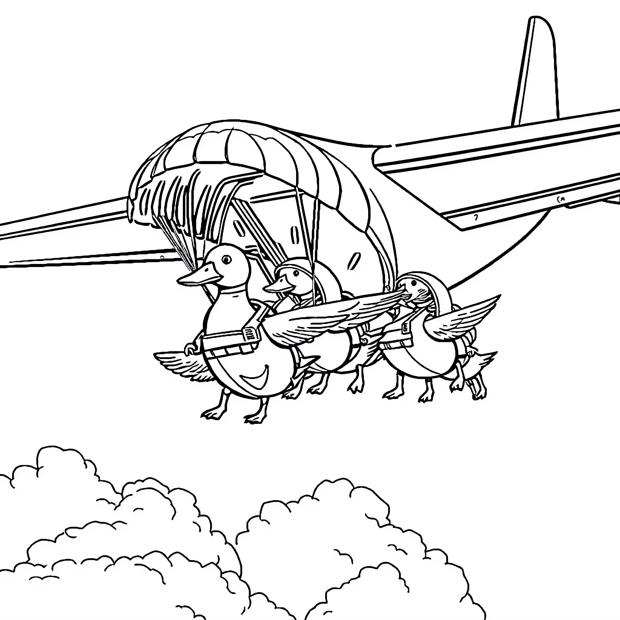 Duck friends aboard whimsical airplane Coloring Page (free black-and-white line drawing printable PDF for all, from beginners to advanced learners, including children, teens, adults, and seniors)