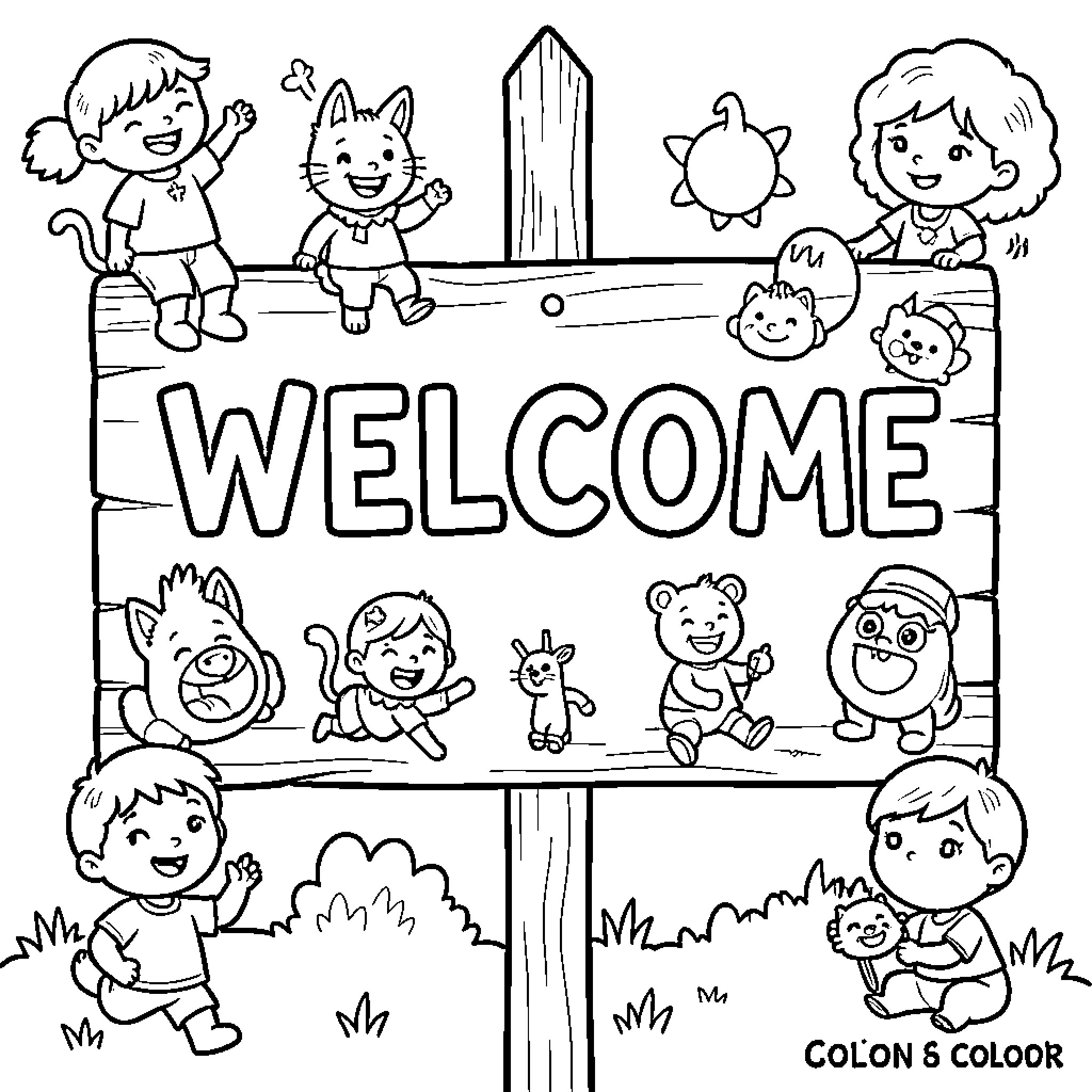Welcome Sign with happy children and cute animals Coloring Page (free black-and-white line drawing printable PDF for all, from beginners to advanced learners, including children, teens, adults, and seniors)