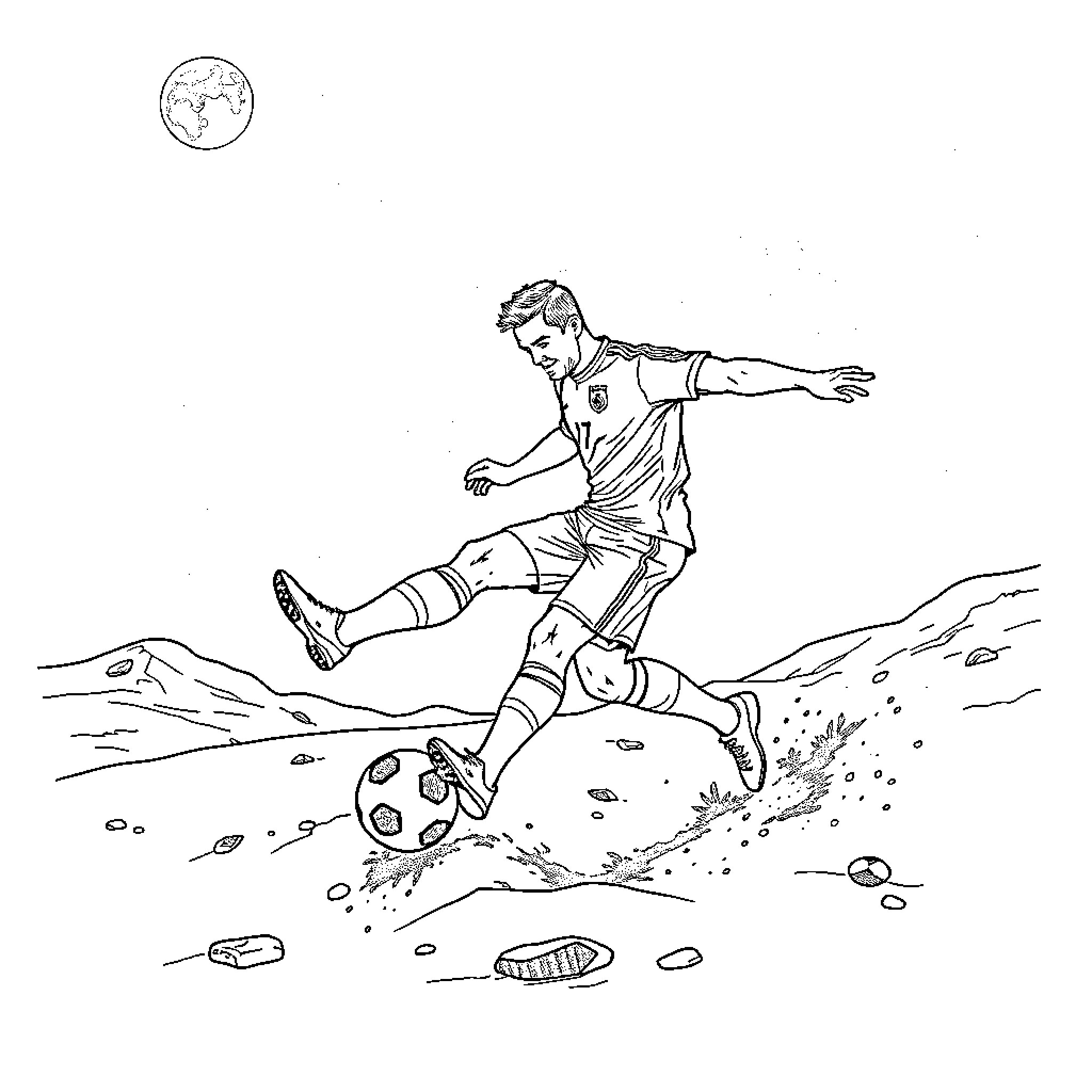 Wayne Rooney playing soccer on rough terrain Coloring Page (free black-and-white line drawing printable PDF for all, from beginners to advanced learners, including children, teens, adults, and seniors)