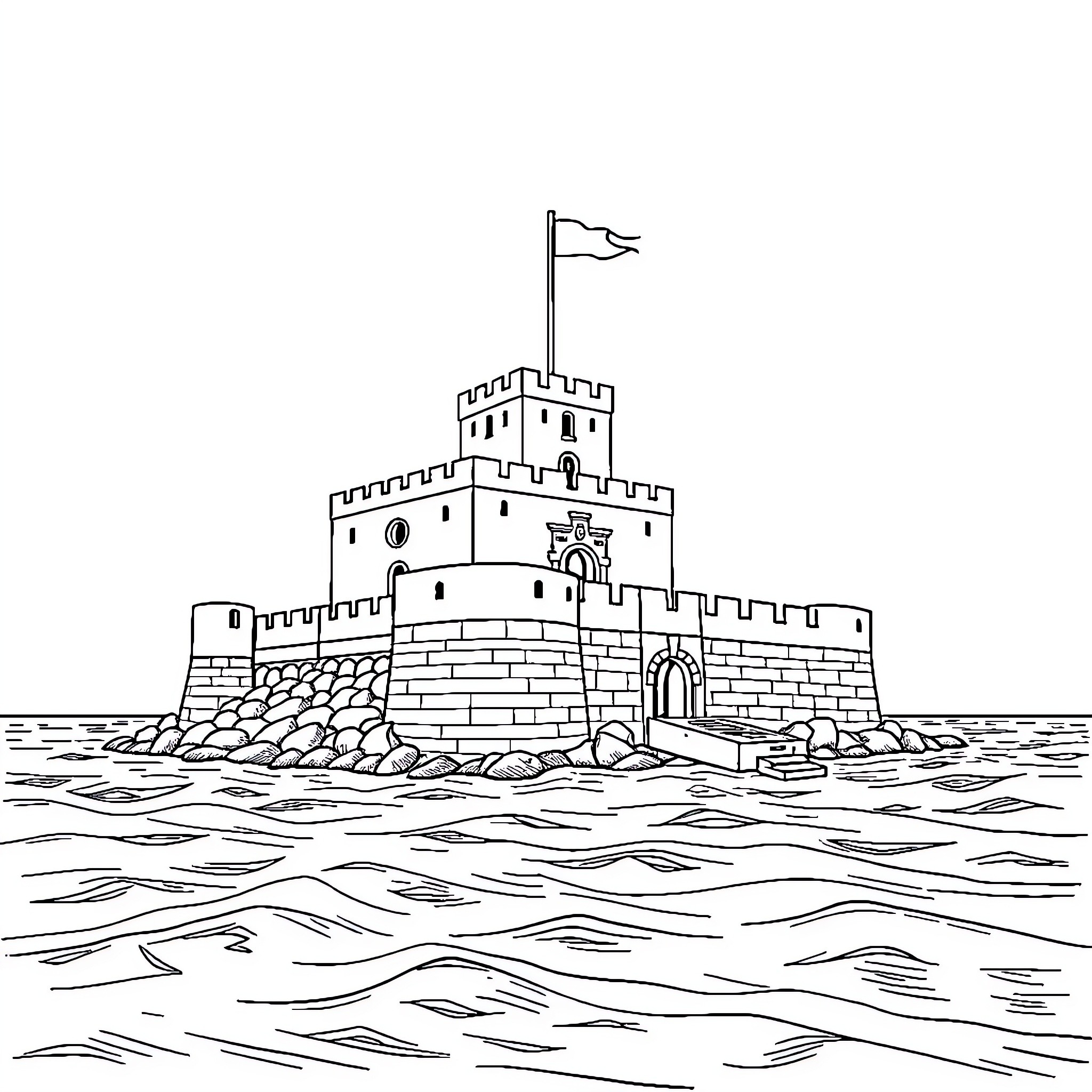 Fort Boyard with Iconic Tower Surrounded by Stormy Waves Coloring Page (free black-and-white line drawing printable PDF for all, from beginners to advanced learners, including children, teens, adults, and seniors)
