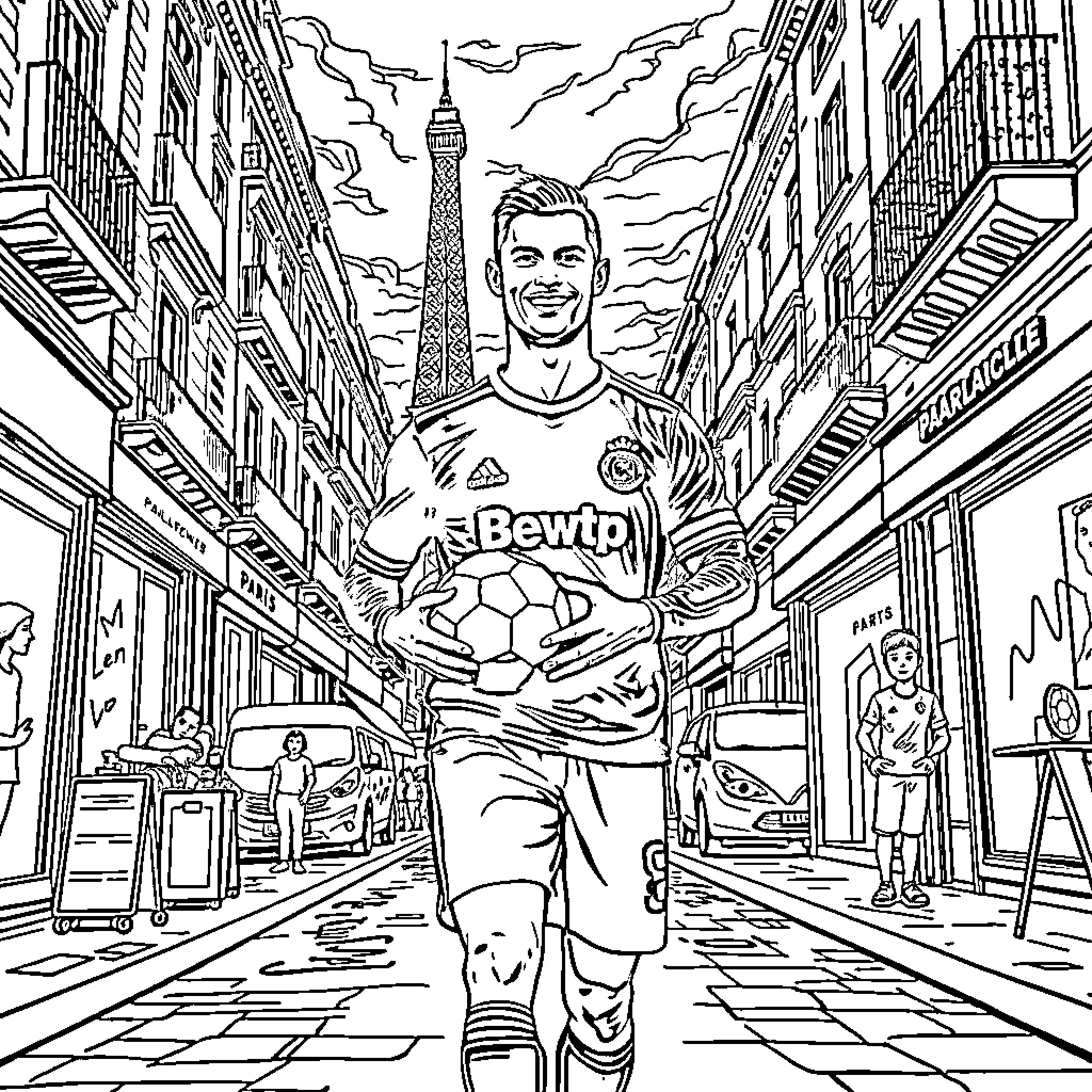 Cristiano Ronaldo Showcases Soccer Talent in Parisian Street Coloring Page (free black-and-white line drawing printable PDF for all, from beginners to advanced learners, including children, teens, adults, and seniors)