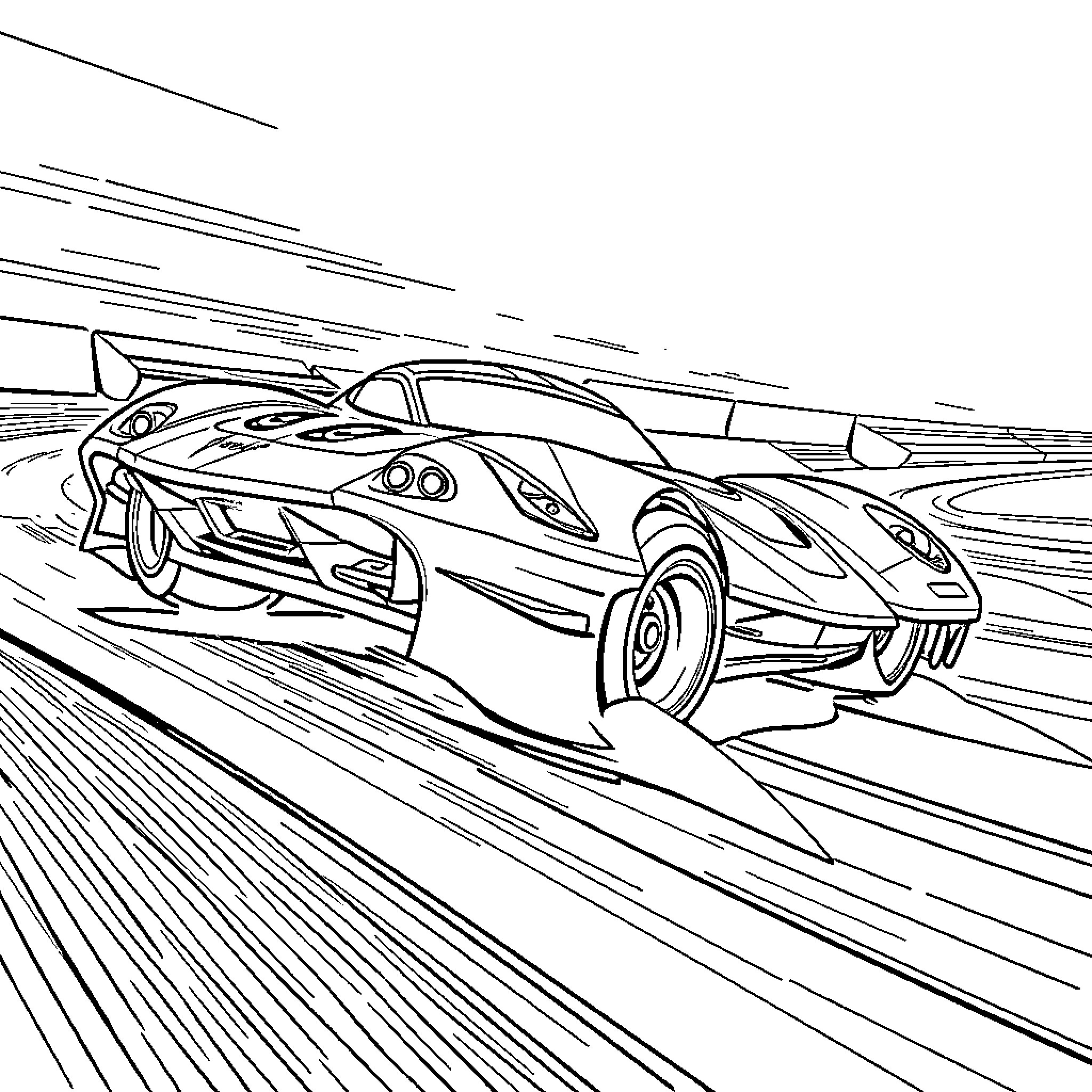Hot Wheels Car racing speedily on the track Coloring Page (free black-and-white line drawing printable PDF for all, from beginners to advanced learners, including children, teens, adults, and seniors)