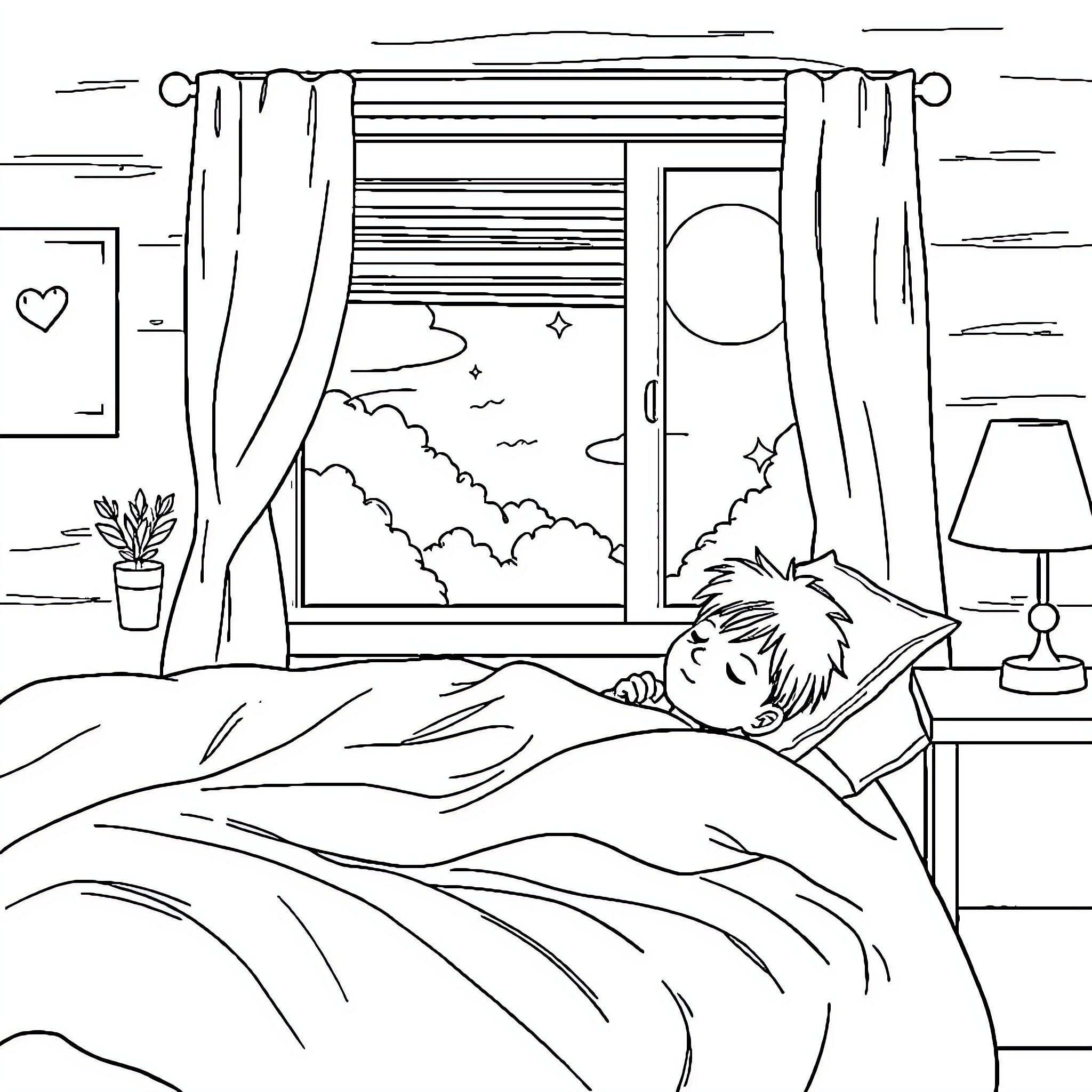 Boy sleeping peacefully in bedroom at night Coloring Page (free black-and-white line drawing printable PDF for all, from beginners to advanced learners, including children, teens, adults, and seniors)