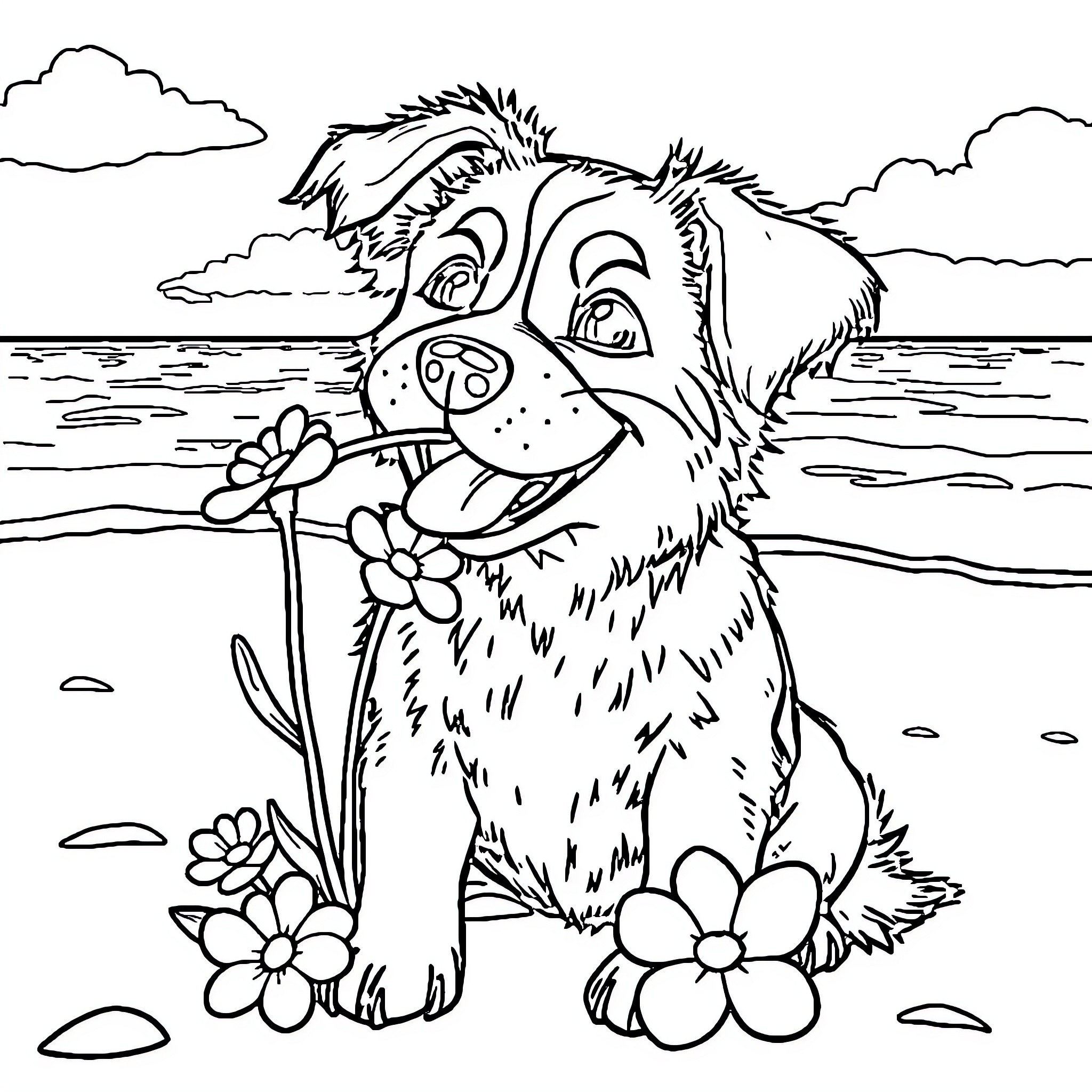 Dog playing with flowers by the beach Coloring Page (free black-and-white line drawing printable PDF for all, from beginners to advanced learners, including children, teens, adults, and seniors)