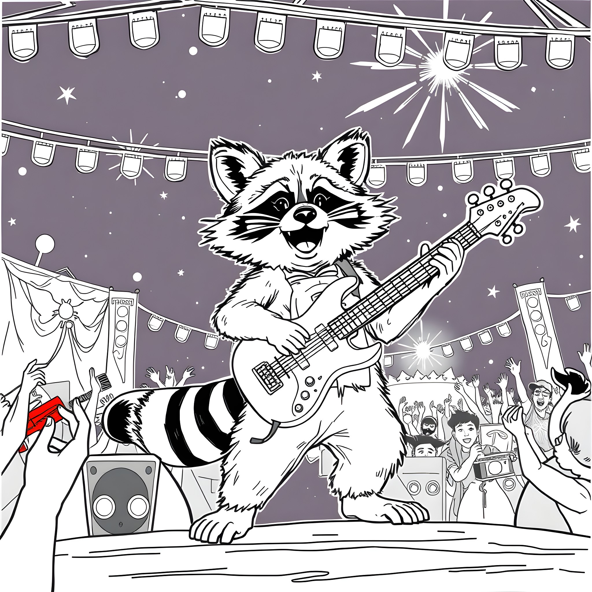 Raccoon playing electric guitar on stage at concert Coloring Page (free black-and-white line drawing printable PDF for all, from beginners to advanced learners, including children, teens, adults, and seniors)